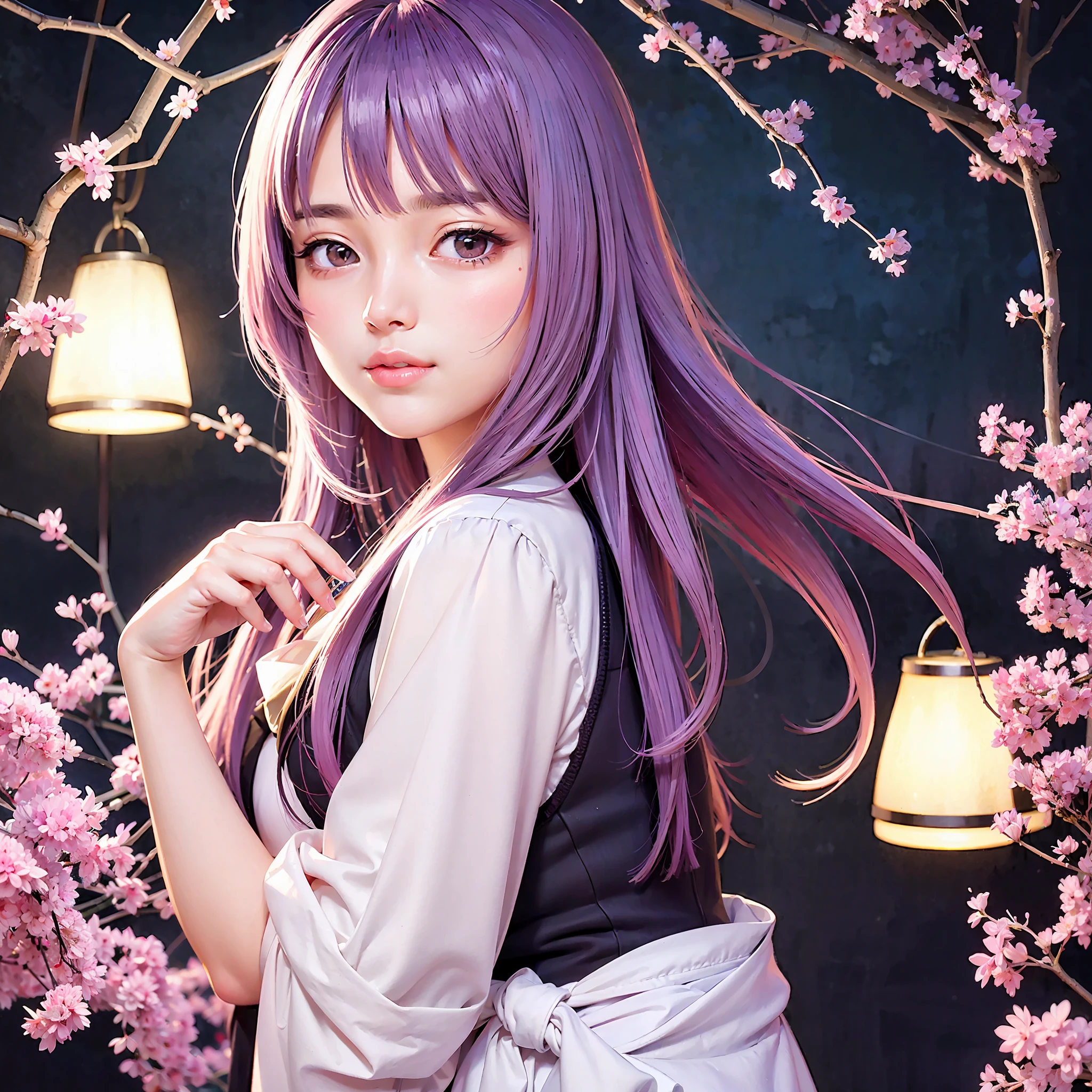 masterpiece, best picture quality, high quality, beautiful girl, Japanese, Japanese school girl, popular Korean makeup, detailed, swollen eyes, detailed eyes, detailed skin, beautiful skin, ultra high resolution, (reality: 1.4), very beautiful, slightly younger face, beautiful skin, slender, (ultra realistic), (illustration), (high resolution), (8K), (highly detailed), (best illustration), (beautifully detailed eyes), (super detailed), (wallpaper), (detailed face), looking at viewer, fine details, detailed face, pureerosfaceace_v1, smiling, 46 point diagonal bangs short, facing straight ahead, light purple school girl uniform, ribbon shaped pink tie, purple hair, long hair, facing straight ahead, angle from waist up, realistic photo, bright lighting, professional lighting, Senjogahara Hitagi