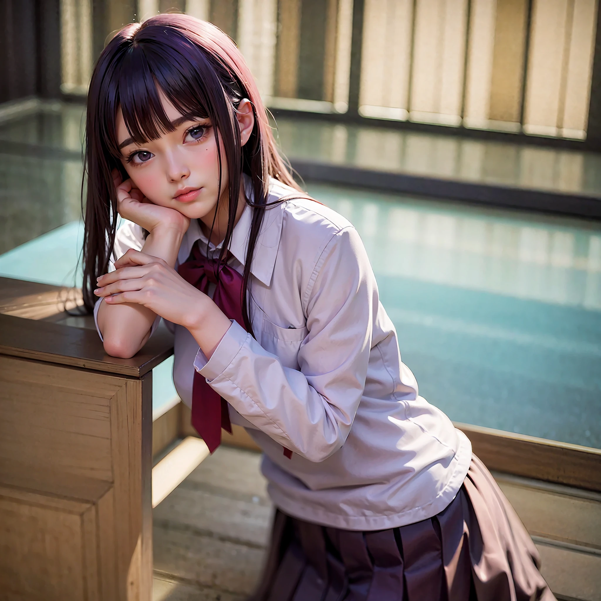 masterpiece, best picture quality, high quality, beautiful girl, Japanese, Japanese school girl, popular Korean makeup, detailed, swollen eyes, detailed eyes, detailed skin, beautiful skin, ultra high resolution, (reality: 1.4), very beautiful, slightly younger face, beautiful skin, slender, (ultra realistic), (illustration), (high resolution), (8K), (highly detailed), (best illustration), (beautifully detailed eyes), (super detailed), (wallpaper), (detailed face), looking at viewer, fine details, detailed face, pureerosfaceace_v1, smiling, 46 point diagonal bangs short, facing straight ahead, light purple school girl uniform, ribbon shaped pink tie, purple hair, long hair, facing straight ahead, angle from waist up, realistic photo, bright lighting, professional lighting, Senjogahara Hitagi