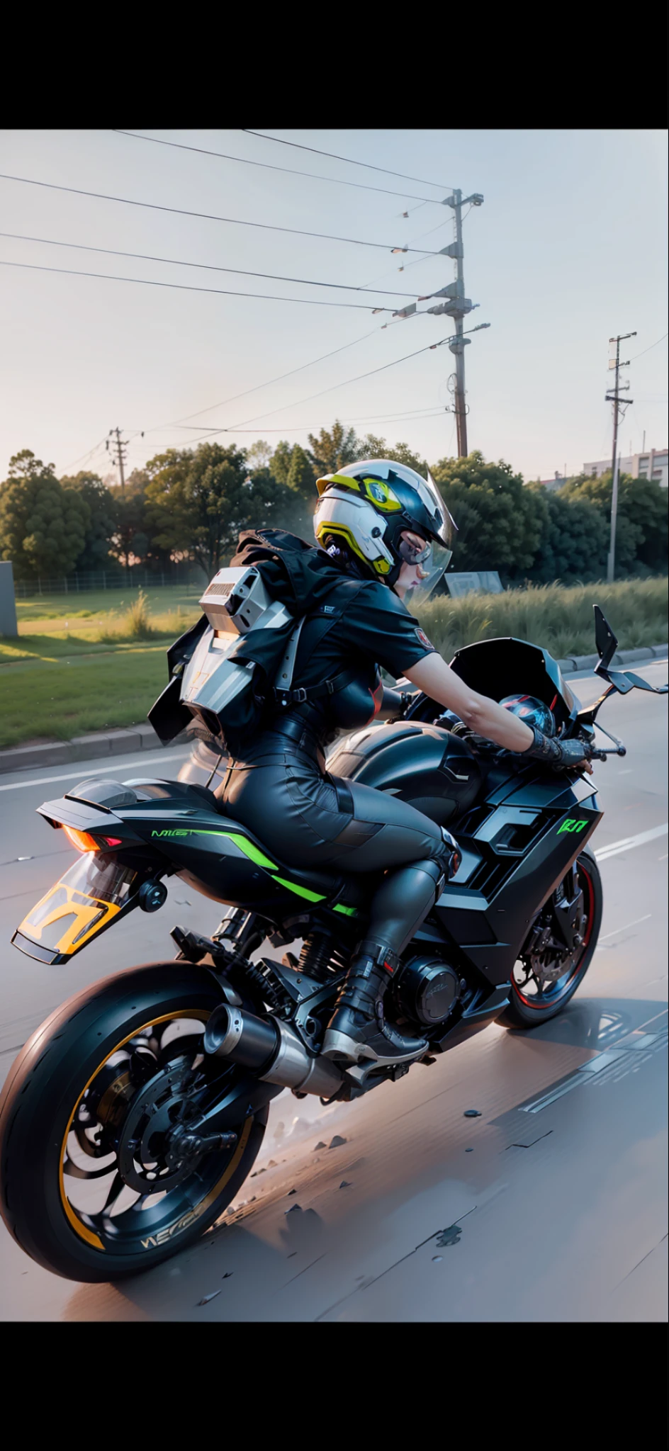 Cyber Warrior Woman and Cyber Mechanical Motorcycle, Nousr, Biomechanics, MSHN Robot Woman, Faceless, High-Tech Helmet, Hyperreal, Steel, Intricate Design, Crazy Details, Fine Details, Extremely Clear Lines, Cinematic Lighting, Photo Realistic, Detailed Masterpiece