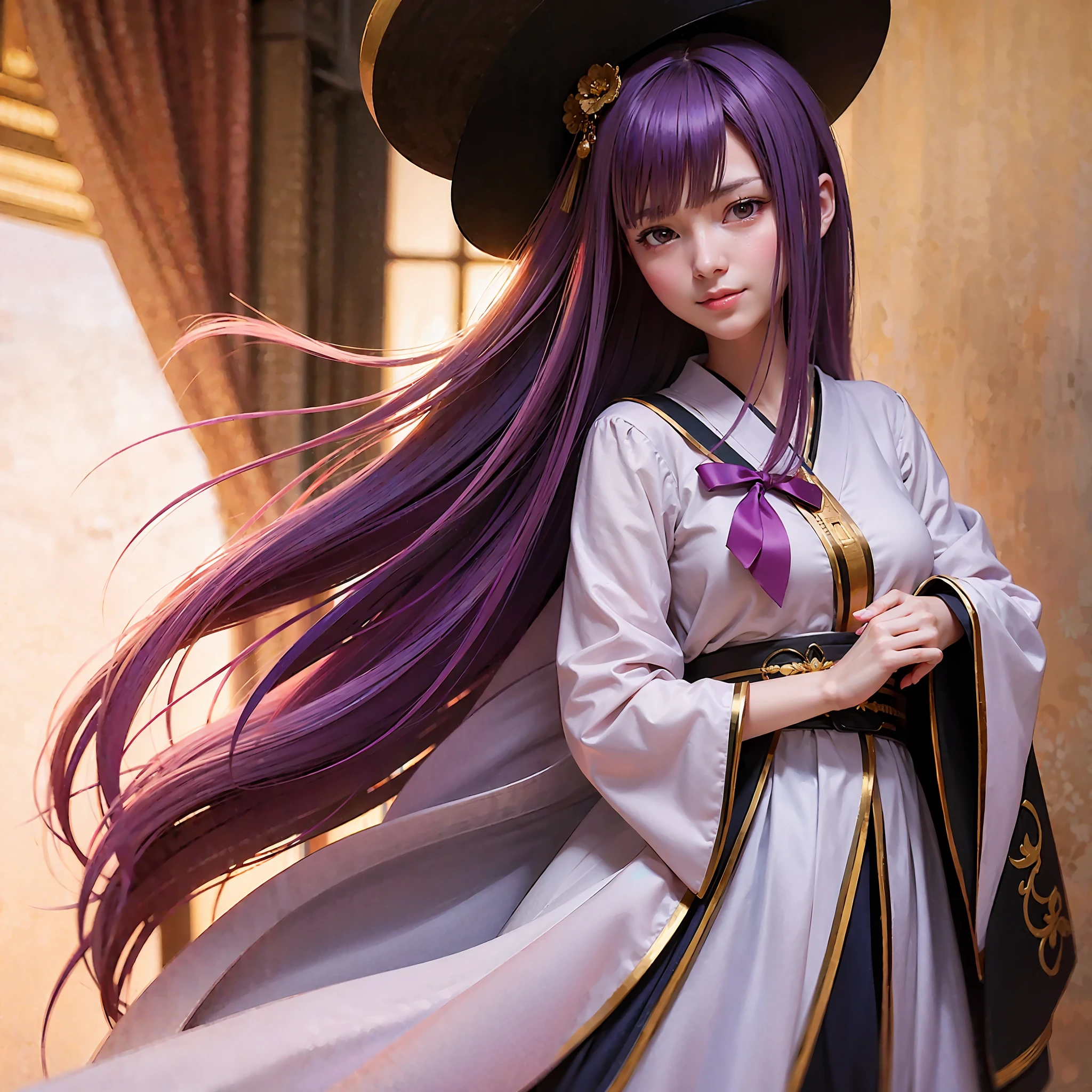 masterpiece, best picture quality, high quality, beautiful girl, Japanese, Japanese school girl, popular Korean makeup, detailed, swollen eyes, detailed eyes, detailed skin, beautiful skin, ultra high resolution, (reality: 1.4), very beautiful, slightly younger face, beautiful skin, slender, (ultra realistic), (illustration), (high resolution), (8K), (highly detailed), (best illustration), (beautifully detailed eyes), (super detailed), (wallpaper), (detailed face), looking at viewer, fine details, detailed face, pureerosfaceace_v1, smiling, 46 point diagonal bangs short, facing straight ahead, light purple school girl uniform, ribbon shaped pink tie, purple hair, long hair, facing straight ahead, angle from waist up, realistic photo, bright lighting, professional lighting, Senjogahara Hitagi