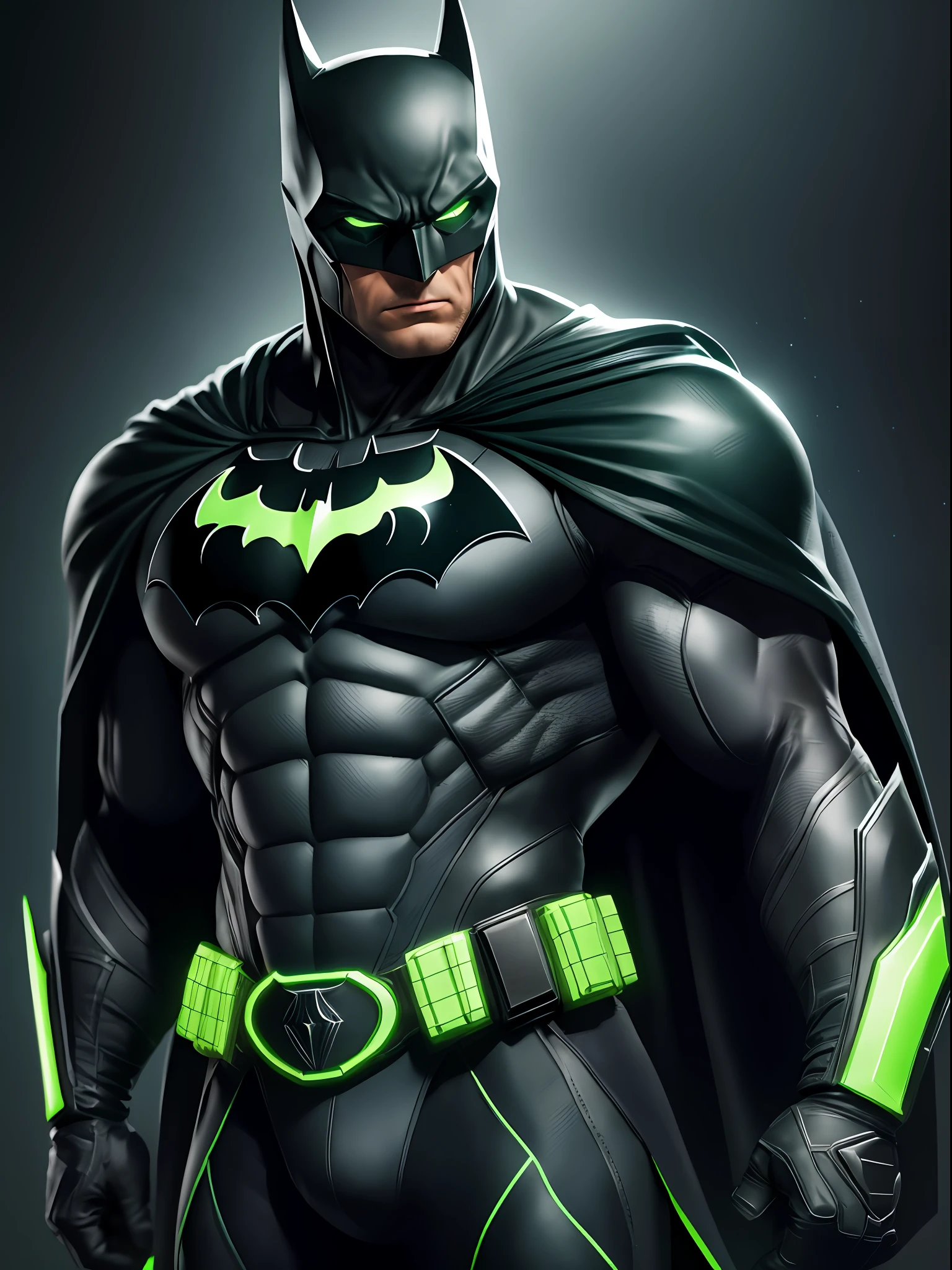 Batman,macho, tall, hunk, muscular, black and neon green suit,  small neon green details on all parts of the suit, best quality, masterpiece, long black cape, short ears on the helmet, green eyes, no pupils, serious face, ultra detailed suit, detailed face, powerful pose,  best quality, high resolution:1.2, dark grey ultility belt, night, dark atmosphere, flowing cape, award winning, shadow, volumetric lighting