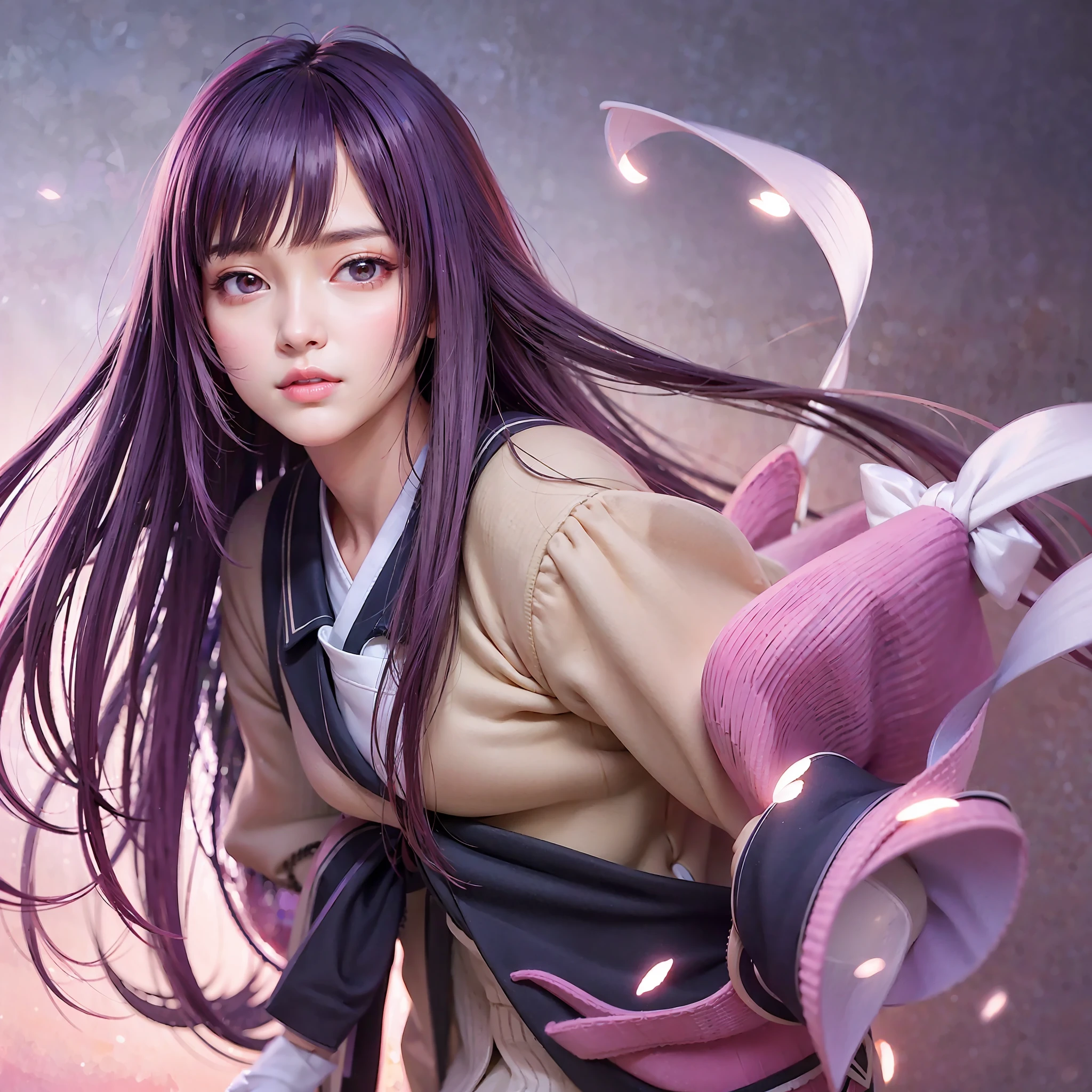 masterpiece, best picture quality, high quality, beautiful girl, Japanese, Japanese school girl, popular Korean makeup, detailed, swollen eyes, detailed eyes, detailed skin, beautiful skin, ultra high resolution, (reality: 1.4), very beautiful, slightly younger face, beautiful skin, slender, (ultra realistic), (illustration), (high resolution), (8K), (highly detailed), (best illustration), (beautifully detailed eyes), (super detailed), (wallpaper), (detailed face), looking at viewer, fine details, detailed face, pureerosfaceace_v1, smiling, 46 point diagonal bangs short, facing straight ahead, light purple school girl uniform, ribbon shaped pink tie, purple hair, long hair, facing straight ahead, angle from waist up, realistic photo, bright lighting, professional lighting, Senjogahara Hitagi