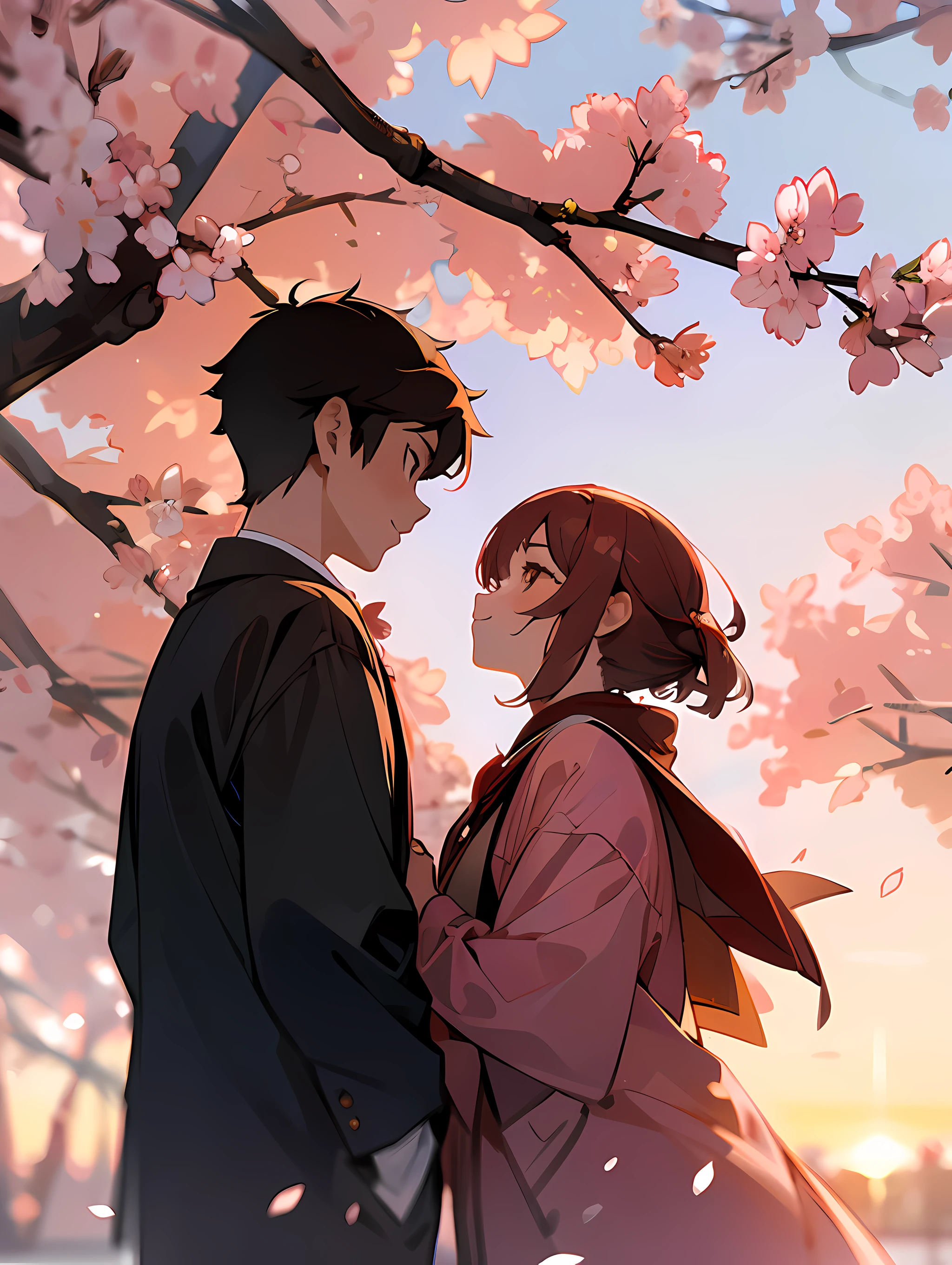 Masterpiece quality, 8k resolution, a boy and a girl, under cherry blossom trees, drifting cherry blossoms, sunset.