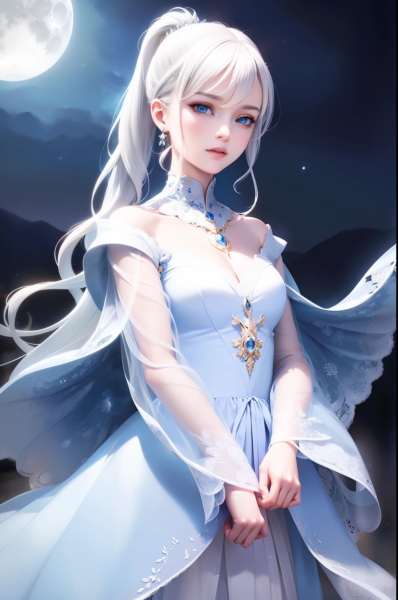 masterpiece, (best quality:1.2), (ultra-detailed:1.2), illustration, (an extremely delicate and beautiful:1.2),cinematic angle,floating, (beautiful detailed eyes:1.1), (detailed light:1.1),cinematic lighting, beautifully detailed sky, women, white hair, blue eyes, (high ponytail:1.1), cloak, glowing eyes, (moon:1.2), (moonlight:1.1), starry sky, (lighting particle:1.1), fog, snow painting, sketch, bloom