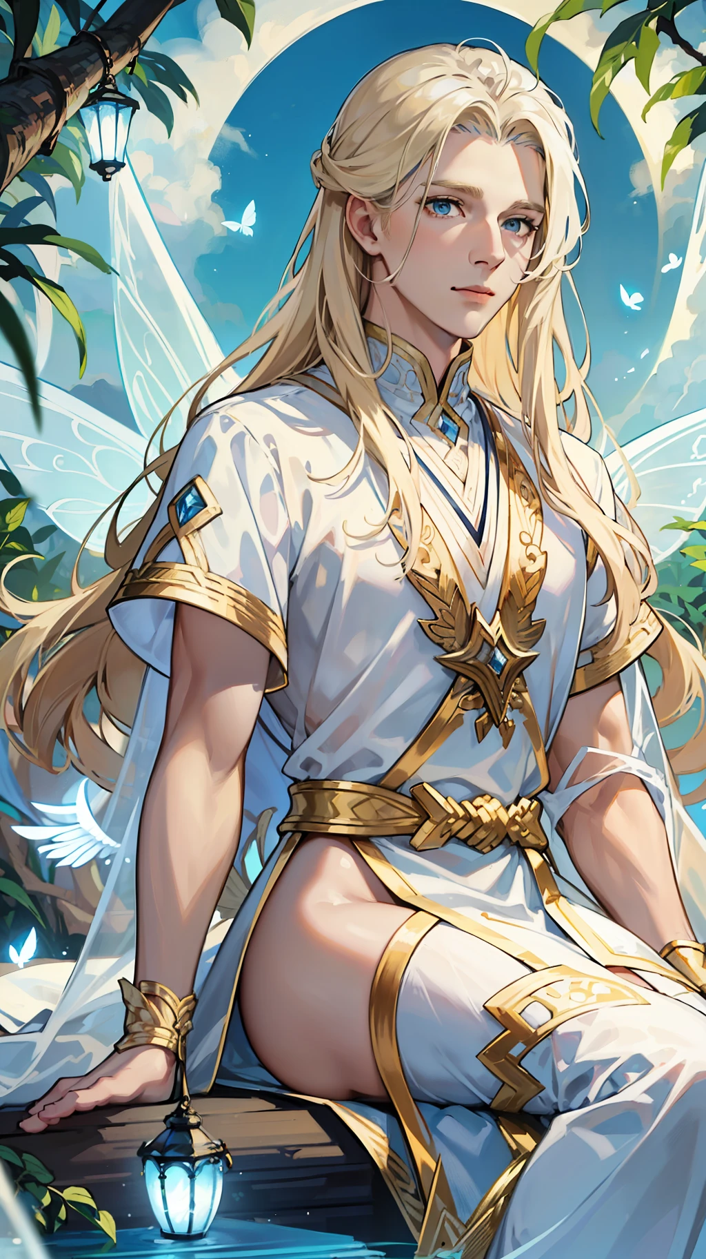 ((Superior quality, portraits, masterpieces, 8K wallpapers: 1.3)), man with long straight ash blond hair (((LONG BLOND HAIR))), blue eyes like diamonds (((BLUE EYES))), (((MALE FOCUS))) (((Fairy white wings on his back))) (((CHEERFUL LOOK))) sitting on a branch of a moeto tree, bioluminescent blue butterflies, dark hour, perfect shadows and reflections of the moon on the scene. white tunic, translucent, covered, clear clothing of God, CLOTHING COVERING HIS SKIN, TULLE TUNIC