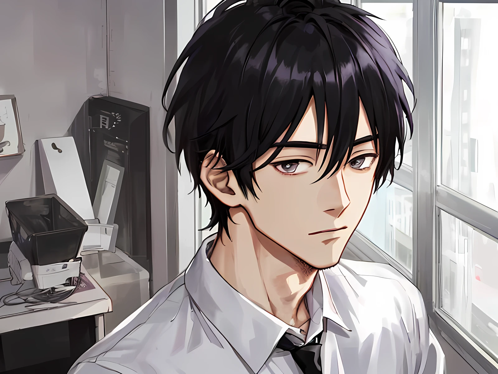 Anime image of a man with white shirt and black hair, smooth anime CG art, shushu anime image, anime handsome guy, male anime character, young anime person, male anime style, handsome anime pose, handsome guy in demon killer art