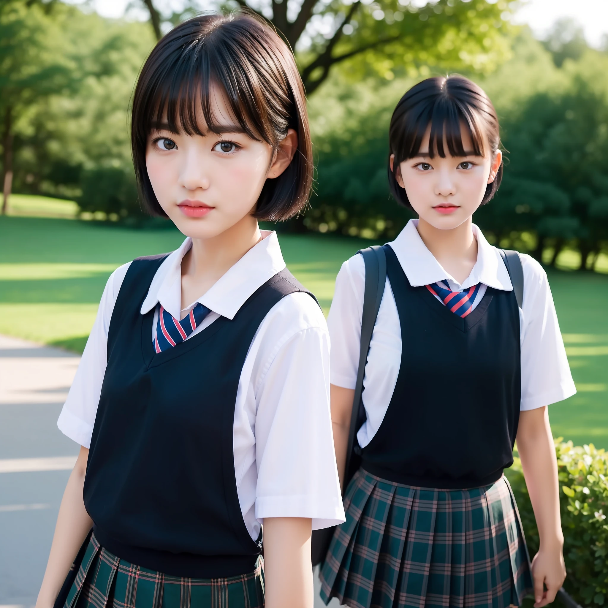 ((Best Quality)), ((Masterpiece)), Cute schoolgirl, short cut, black hair, looking at the camera, clothes are school summer clothes, season is summer, school, dusk, youth, portrait of only one person