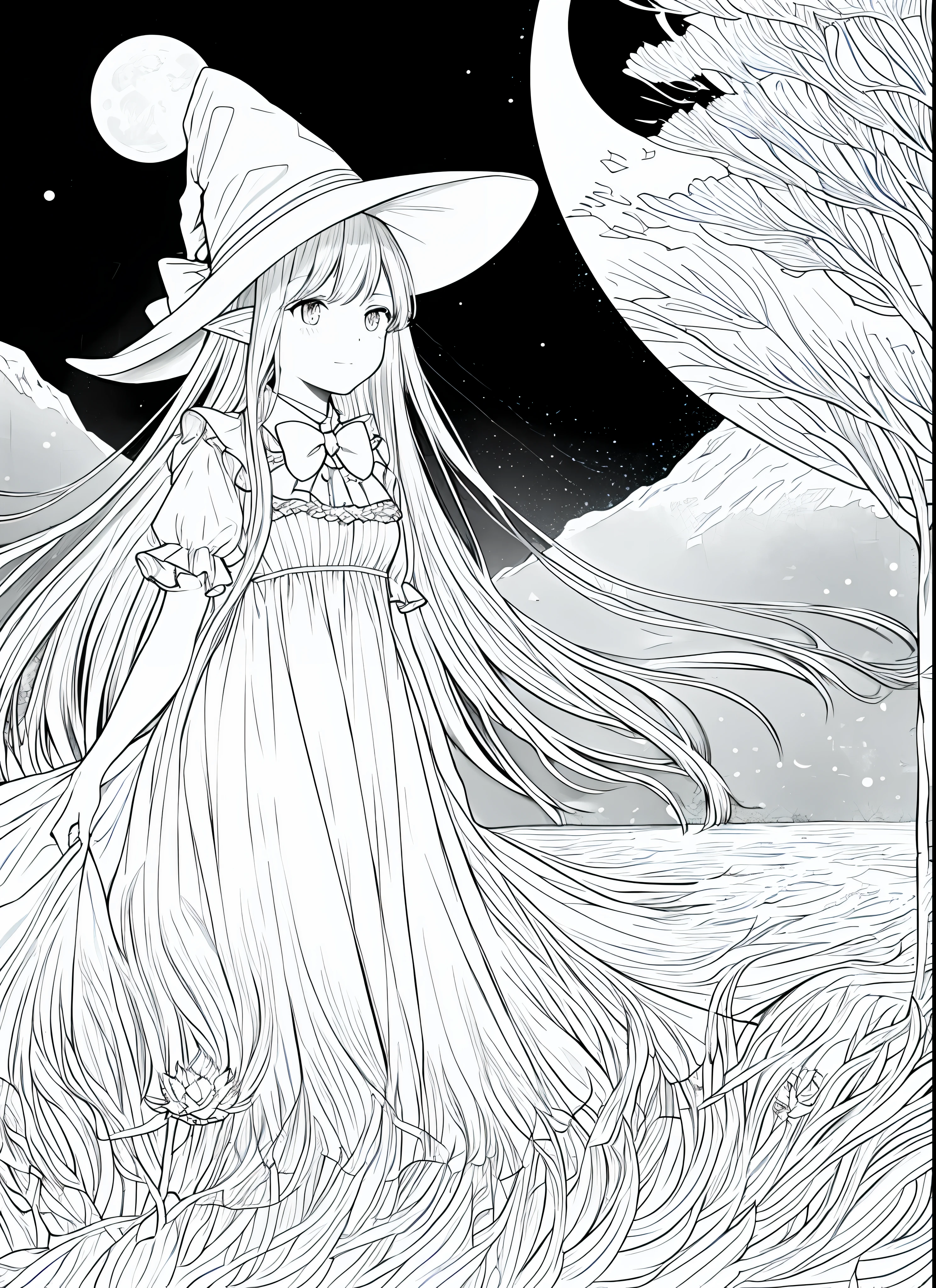 masterpiece, best quality, 1 girl, blush, bow tie, medium breasts, light pink hair, cloud, starry sky, crescent moon, dress, costume, hat, light particles, water lily, long hair, Looking at the viewer, moon, moonlight, mountain, mountainous horizon, night, Outdoors, lips parted, ears pointed, pond, sky, Small breasts, Star (sky), starry sky, very long hair,  wandering, wind, witch, witch hat, lineart, monochrome,