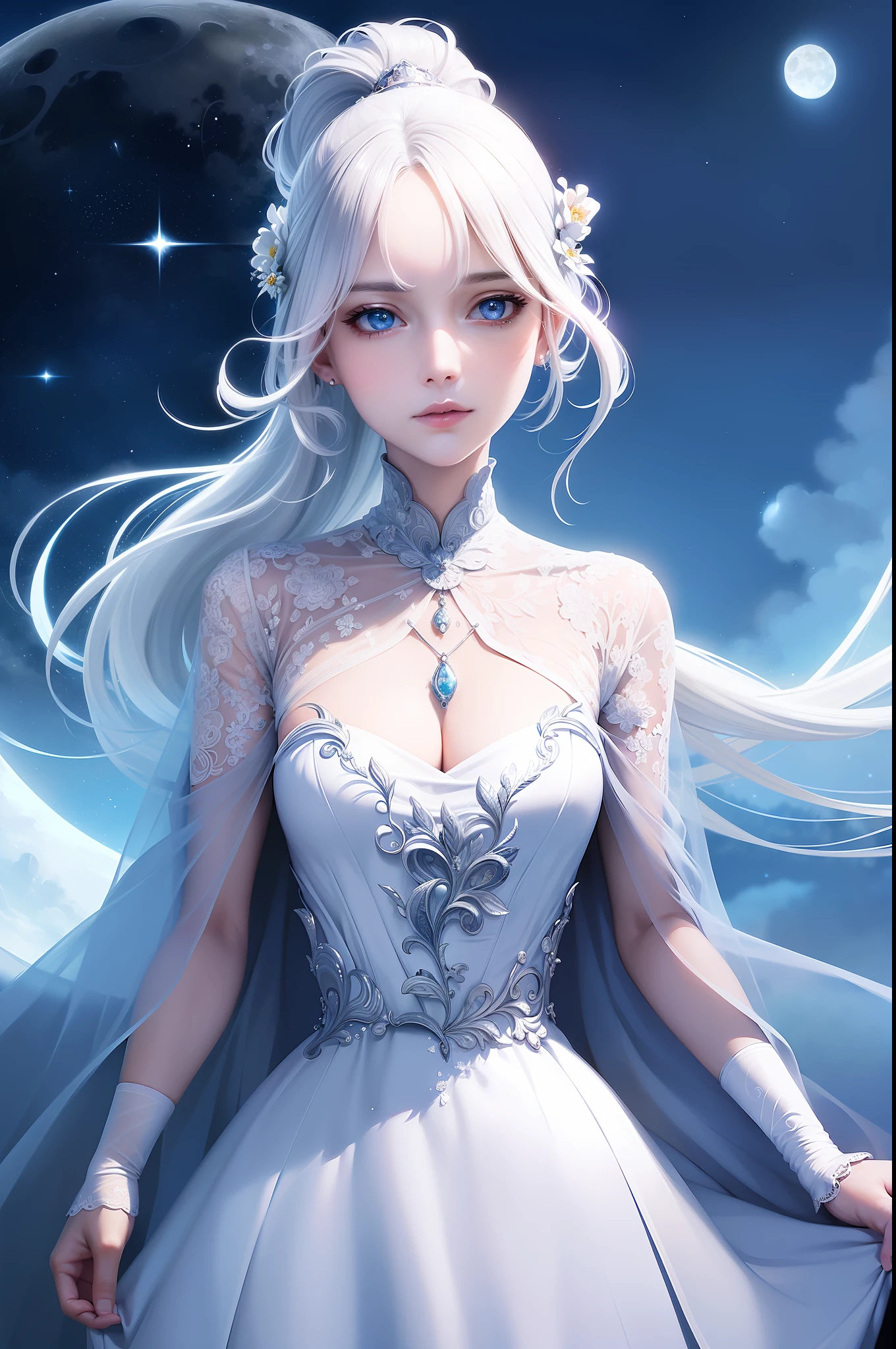 masterpiece, (best quality:1.2), (ultra-detailed:1.2), illustration, (an extremely delicate and beautiful:1.2),cinematic angle,floating, (beautiful detailed eyes:1.1), (detailed light:1.1),cinematic lighting, beautifully detailed sky, women, white hair, blue eyes, (high ponytail:1.1), cloak, glowing eyes, (moon:1.2), (moonlight:1.1), starry sky, (lighting particle:1.1), fog, snow painting, sketch, bloom
