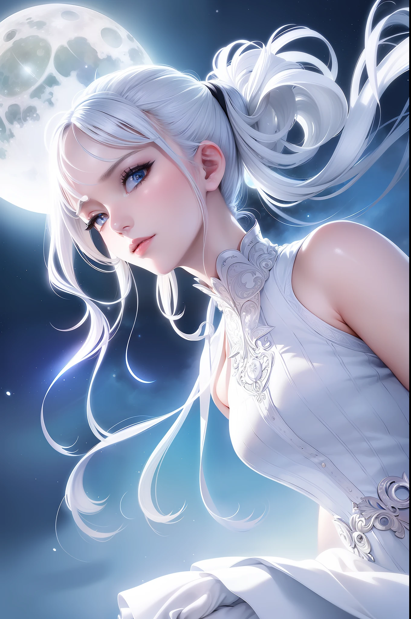 masterpiece, (best quality:1.2), (ultra-detailed:1.2), illustration, (an extremely delicate and beautiful:1.2),cinematic angle,floating, (beautiful detailed eyes:1.1), (detailed light:1.1),cinematic lighting, beautifully detailed sky, women, white hair, blue eyes, (high ponytail:1.1), cloak, glowing eyes, (moon:1.2), (moonlight:1.1), starry sky, (lighting particle:1.1), fog, snow painting, sketch, bloom