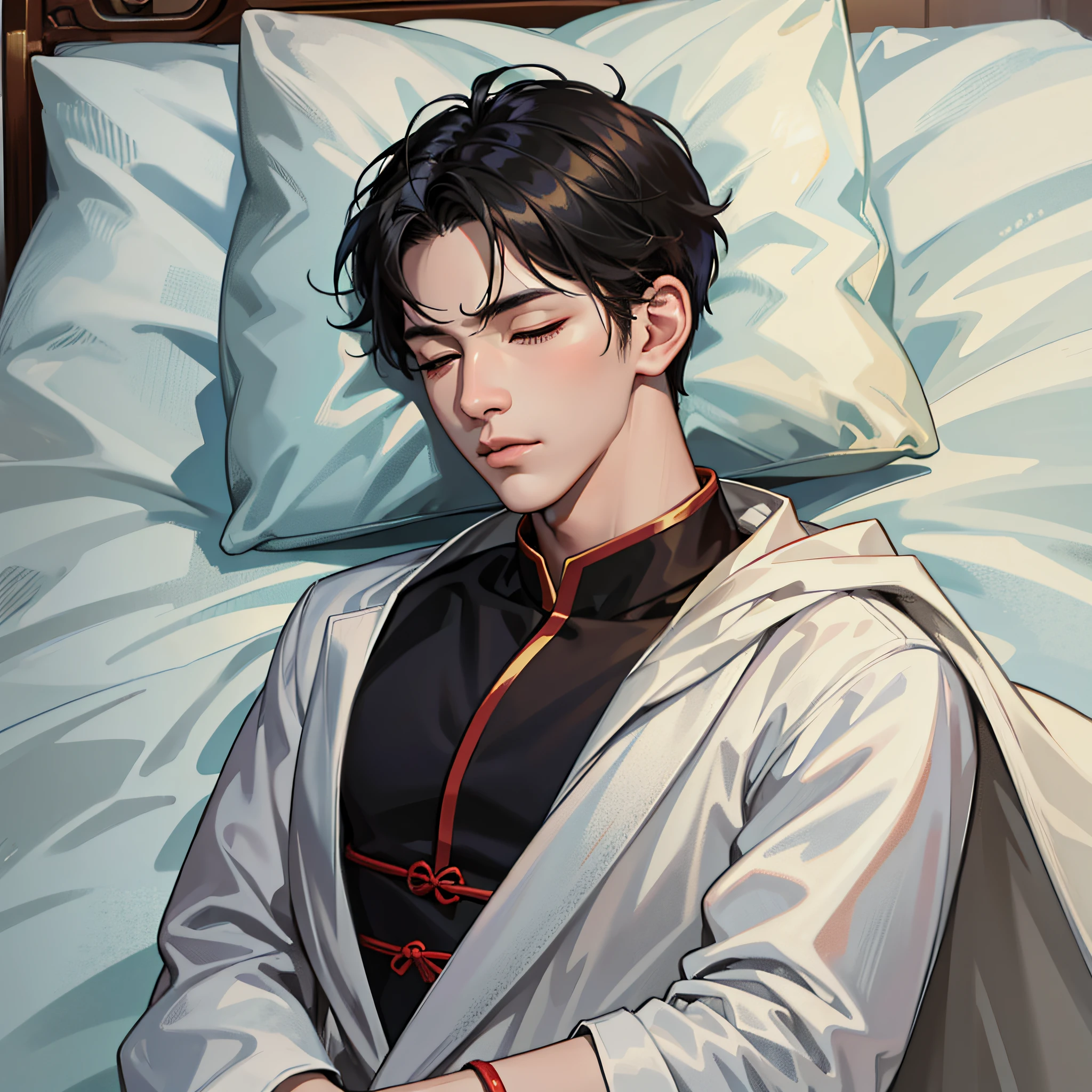 Masterpiece, Best Quality, Realistic, Ultra-employed, 8K, Male, (Young Chinese Men: 1.5), Youth, Handsome, Solo, White Robe, Scene Interior, Big Eyes, High Nose, Pale Face, Lying in Bed, Expressionless, Covered with Quilt, Eyes Closed, Neatly Dressed, On the Verge of Death, Chinese Xian Xia Costume, (Black Hair: 1.4)