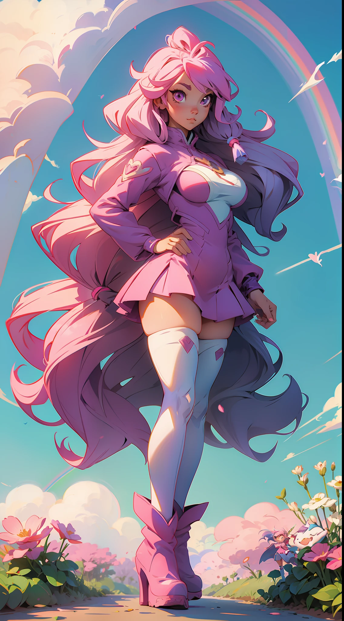 anime waifu unicorn, pink eyes, long hair rainbow, plush clothes, big boots, perfect body, huge breasts, background a garden
