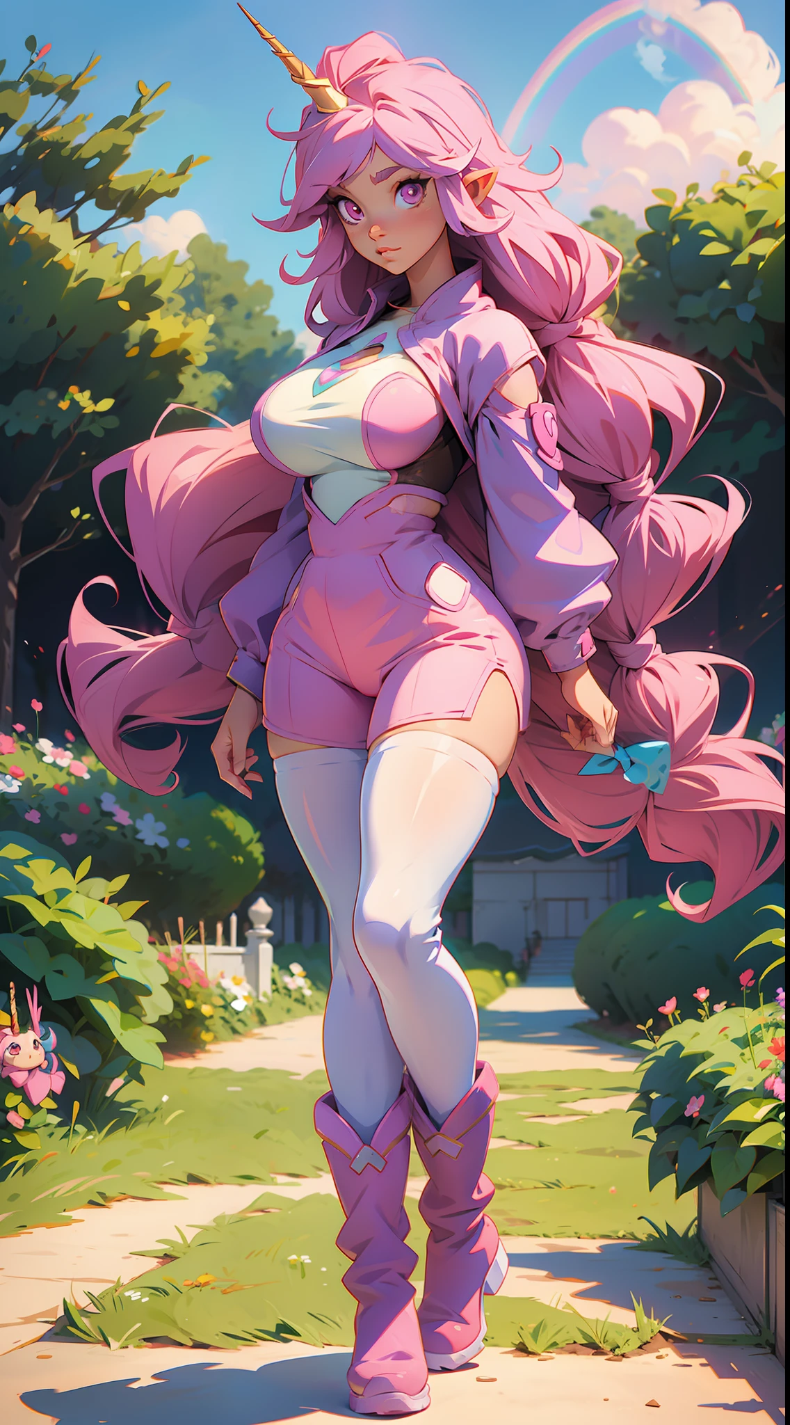 anime waifu unicorn, pink eyes, long hair rainbow, plush clothes, big boots, perfect body, huge breasts, background a garden