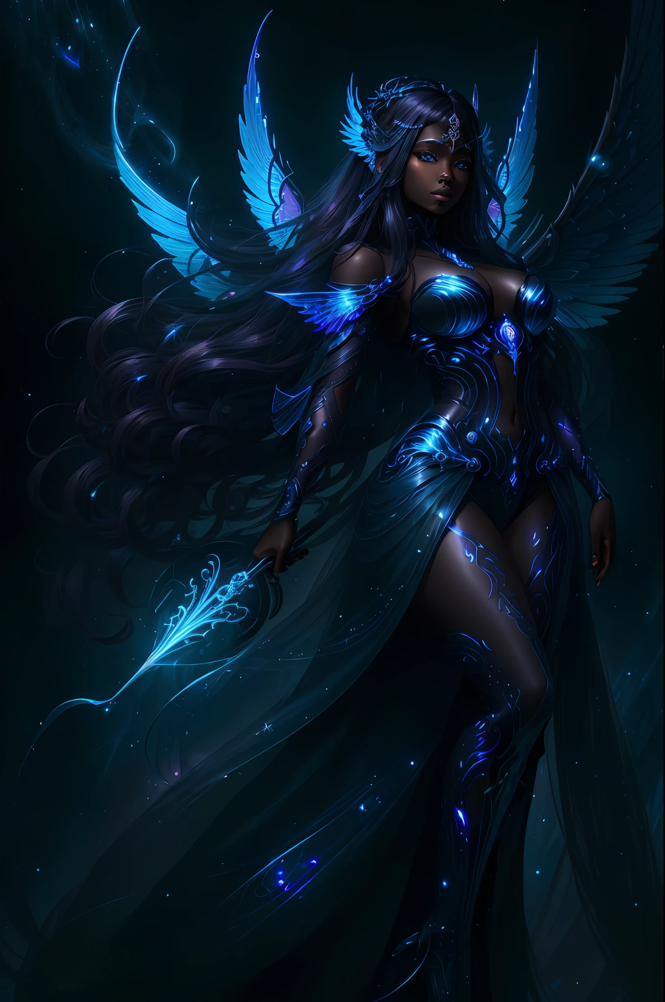 The image depicts a black african fairy of celestial beauty and futuristic look, with a dark and mysterious touch. Her skin is pale and luminous, almost translucent, contrasting with her long, flowing dress, made of a delicate, shiny black fabric that softly reflects the light in shades of violet and deep blue. The fairy has majestic and intricate wings, with a futuristic skeletal structure, made from a combination of metallic materials and iridescent membranes in dark shades of blue and purple. The wings seem to pulsate with mysterious energy, giving off an aura of serenity and mystery. Her face has delicate and smooth features, with an angelic and serene expression. His eyes, deep and mesmerizing, are an intense blue, glowing with a soft, calming light. Her long black hair cascades around her shoulders, highlighted with subtle streaks of violet and blue. In one hand, the fairy holds a futuristic scepter, adorned with dark, iridescent crystals, emitting a soft, ethereal light. This scepter seems to be a source of celestial power, bringing a sense of protection and wisdom. Around the fairy, there is a luminous and futuristic halo, formed by blue and violet energy lines that intertwine in the air, creating an aurora borealis effect. The surrounding environment is filled with a futuristic and enigmatic atmosphere, with subtle technological elements mixed with a sense of magic and enchantment. The image conveys a sense of duality between darkness and light, representing a dark fairy with an angelic essence and a futuristic celestial energy. It symbolizes the harmony between the dark and the divine, capturing the imagination and awakening a sense of wonder and fascination.