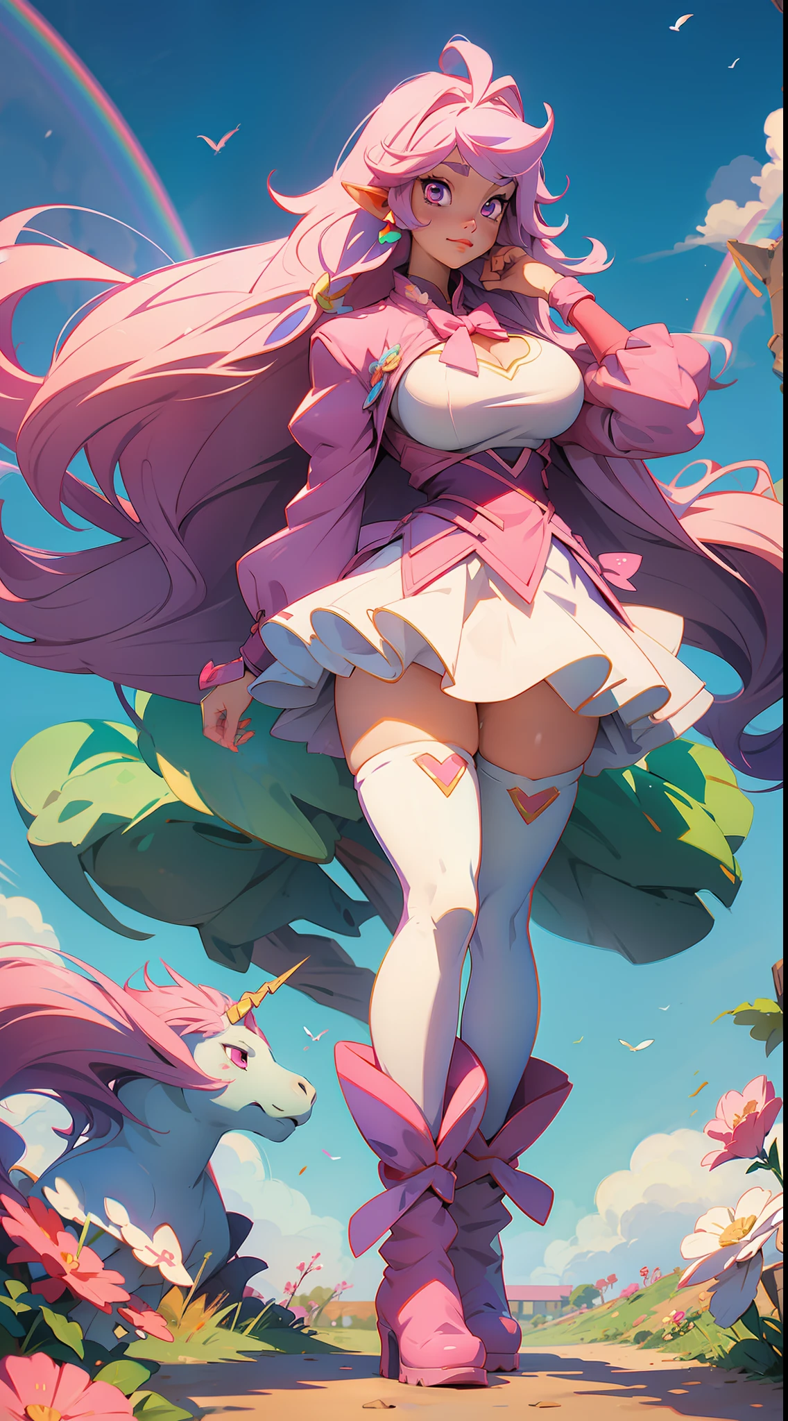 anime waifu unicorn, pink eyes, long hair rainbow, plush clothes, big boots, perfect body, huge breasts, background a garden