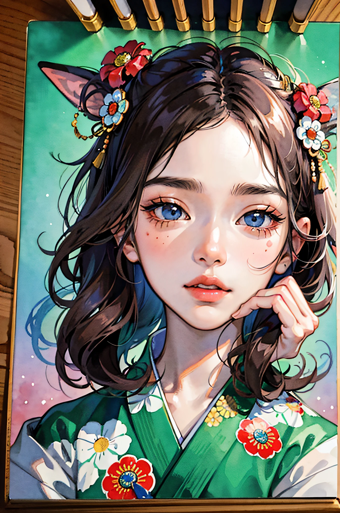 (Masterpiece: 1.2, Best Quality), (Very Detailed Face, Real Pictures, Realistic Skin, Realistic Body, Intricate Details), Solo, 1 Girl, Casual, Ukiyo-e, (Watercolor: 1.3), Oiran, lostin Tokyo with dot matrix CMYK ascii Art Neo-dadaabric and yarn collage superimposed and printed ontoashion by Takashi Murakami composed with a paletteknife and gouache