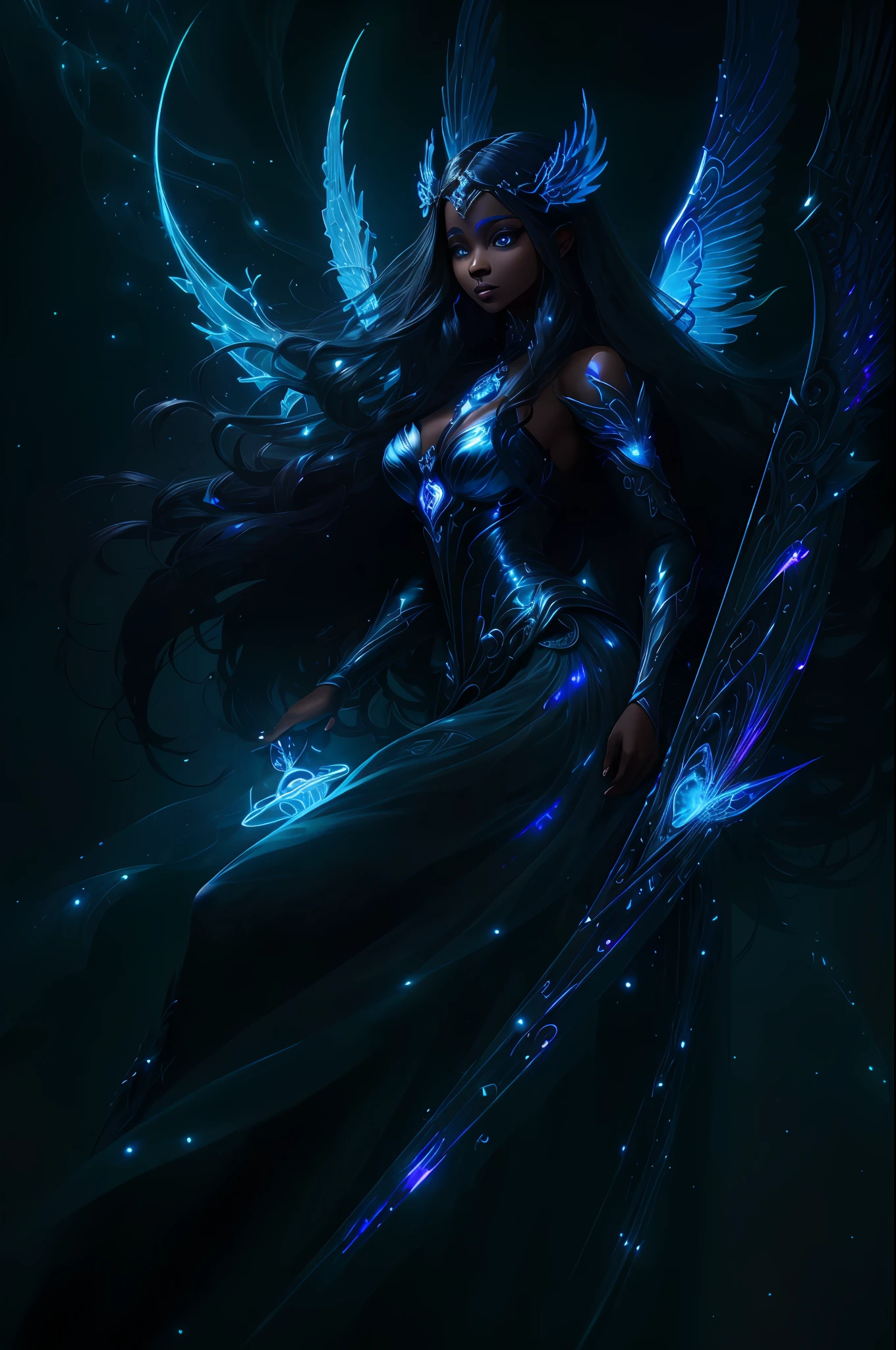 The image depicts a black african fairy of celestial beauty and futuristic look, with a dark and mysterious touch. Her skin is pale and luminous, almost translucent, contrasting with her long, flowing dress, made of a delicate, shiny black fabric that softly reflects the light in shades of violet and deep blue. The fairy has majestic and intricate wings, with a futuristic skeletal structure, made from a combination of metallic materials and iridescent membranes in dark shades of blue and purple. The wings seem to pulsate with mysterious energy, giving off an aura of serenity and mystery. Her face has delicate and smooth features, with an angelic and serene expression. His eyes, deep and mesmerizing, are an intense blue, glowing with a soft, calming light. Her long black hair cascades around her shoulders, highlighted with subtle streaks of violet and blue. In one hand, the fairy holds a futuristic scepter, adorned with dark, iridescent crystals, emitting a soft, ethereal light. This scepter seems to be a source of celestial power, bringing a sense of protection and wisdom. Around the fairy, there is a luminous and futuristic halo, formed by blue and violet energy lines that intertwine in the air, creating an aurora borealis effect. The surrounding environment is filled with a futuristic and enigmatic atmosphere, with subtle technological elements mixed with a sense of magic and enchantment. The image conveys a sense of duality between darkness and light, representing a dark fairy with an angelic essence and a futuristic celestial energy. It symbolizes the harmony between the dark and the divine, capturing the imagination and awakening a sense of wonder and fascination.