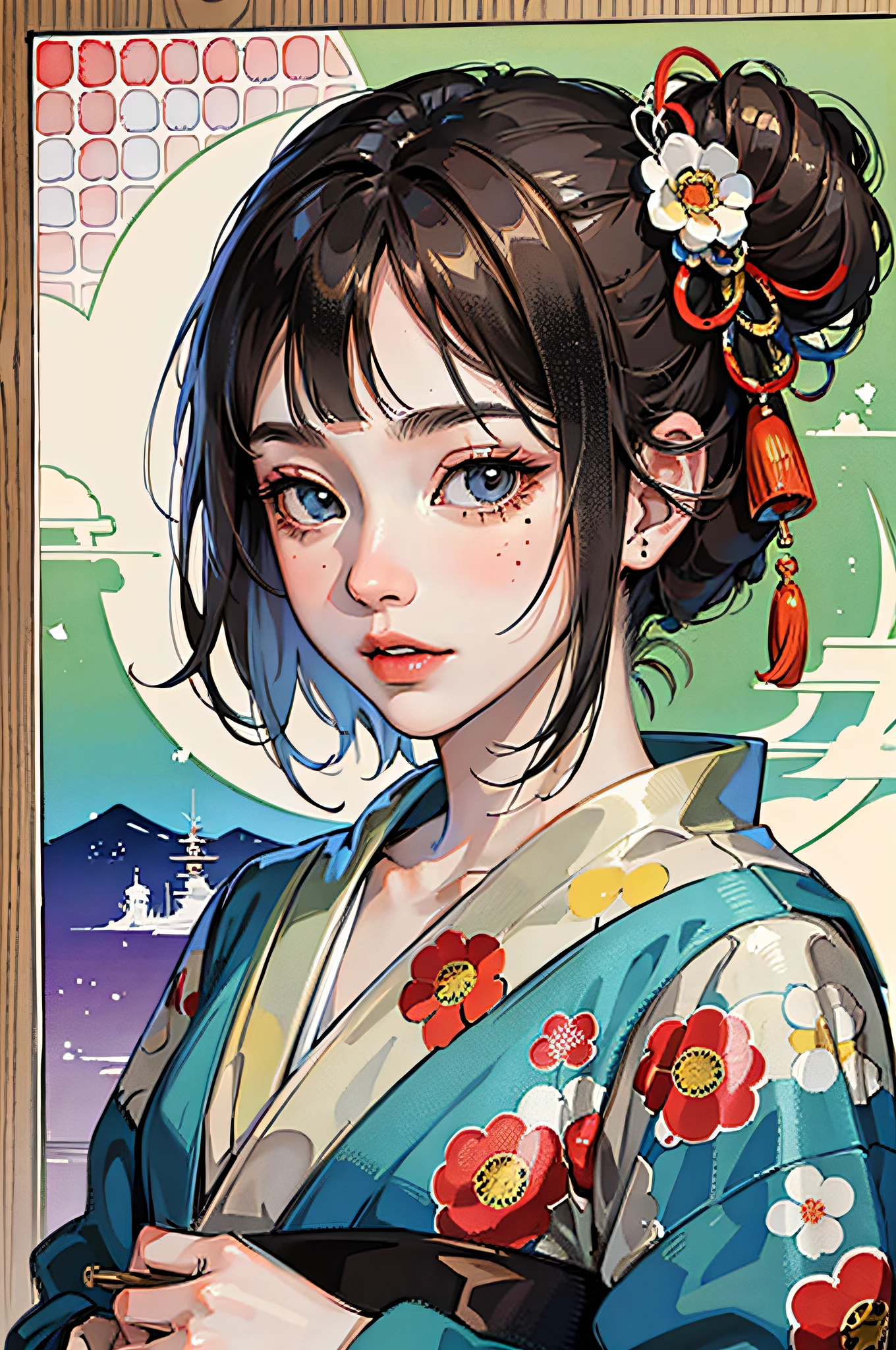 (Masterpiece: 1.2, Best Quality), (Very Detailed Face, Real Pictures, Realistic Skin, Realistic Body, Intricate Details), Solo, 1 Girl, Casual, Ukiyo-e, (Watercolor: 1.3), Oiran, lostin Tokyo with dot matrix CMYK ascii Art Neo-dadaabric and yarn collage superimposed and printed ontoashion by Takashi Murakami composed with a paletteknife and gouache