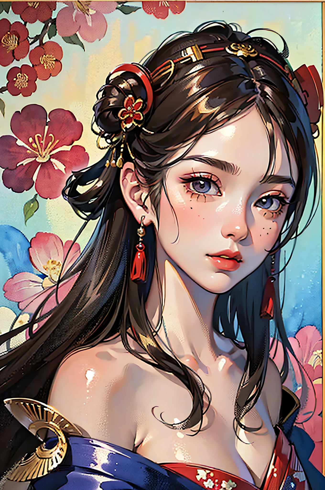(Masterpiece: 1.2, Best Quality), (Very Detailed Face, Real Pictures, Realistic Skin, Realistic Body, Intricate Details), Solo, 1 Girl, Casual, Ukiyo-e, (Watercolor: 1.3), Oiran