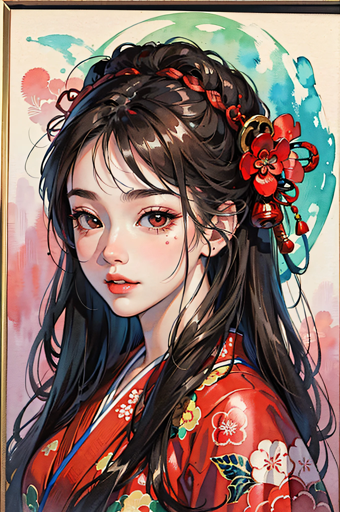 (Masterpiece: 1.2, Best Quality), (Very Detailed Face, Real Pictures, Realistic Skin, Realistic Body, Intricate Details), Solo, 1 Girl, Casual, Ukiyo-e, (Watercolor: 1.3), Oiran