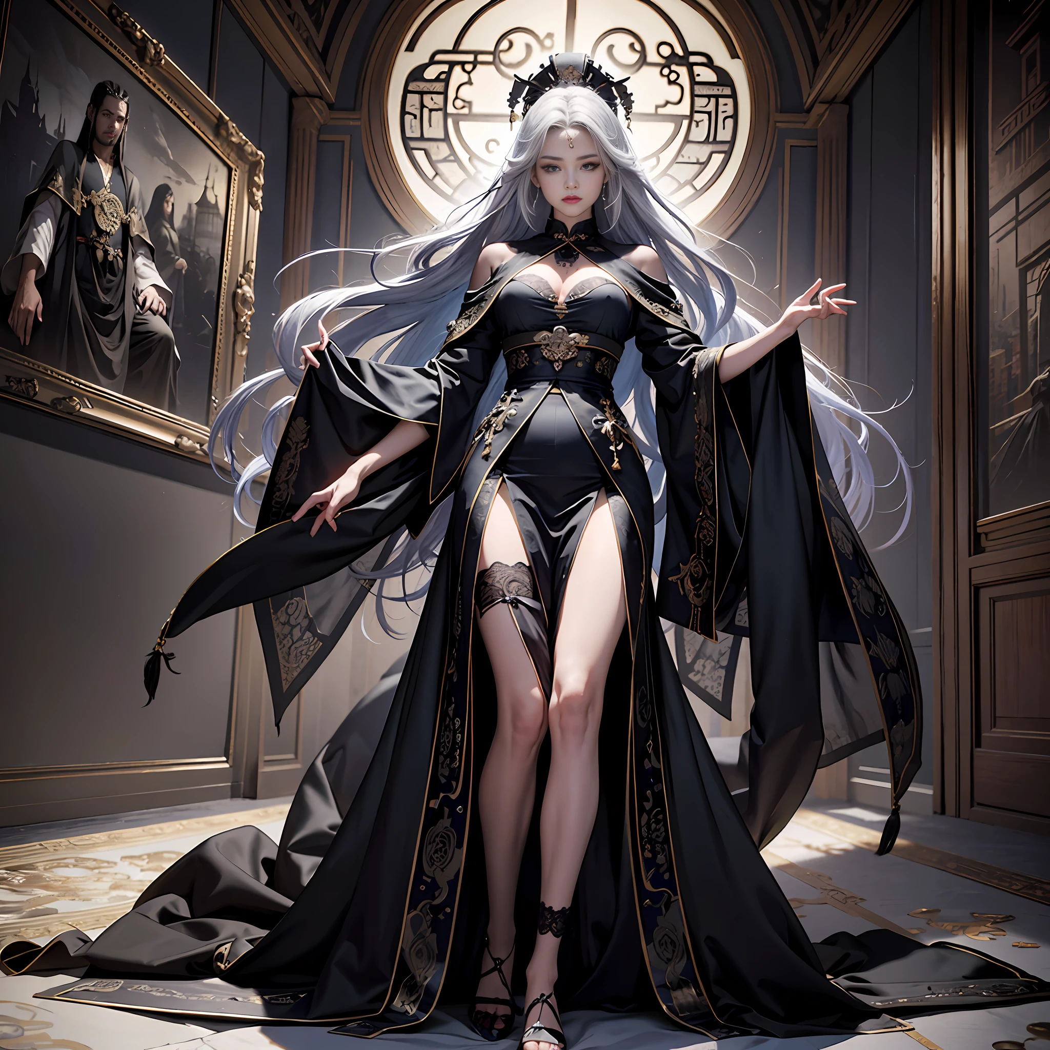 Official Art, Unity 8k wallpaper, super detailed, beautiful, beautiful, masterpiece, best quality, detailed texture, asymmetrical aesthetics,
darkness, epic, atmospheric, mysterious, taboo, sexy, art, ancient china, decoration, intricate and magnificent, kingly pose, silverwork, lace, supernatural, costume design,
1 girl, dismissive, black stockings, elegant manners, conservative dress, full body composition
