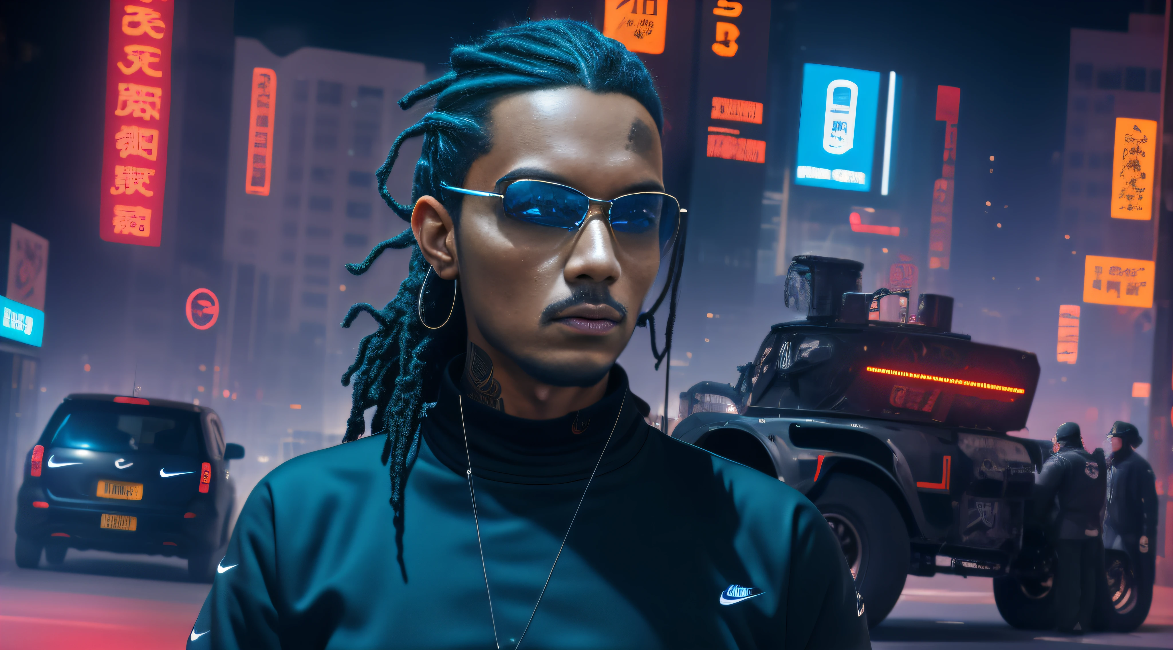 Jedai V3 with dreadlocks and sunglasses standing on the street, hyper-realistic cyberpunk style, cyberpunk style, hyper-realistic, cyberpunk style, ultra-realistic cyberpunk art 8k, cyberpunk lut, cyberpunk glasses, cyberpunk streetwear, portrait shot 8 k, anton fadeev 8 k, wearing cyberpunk streetwear, has cyberpunk style, cyberpunk sunglasses