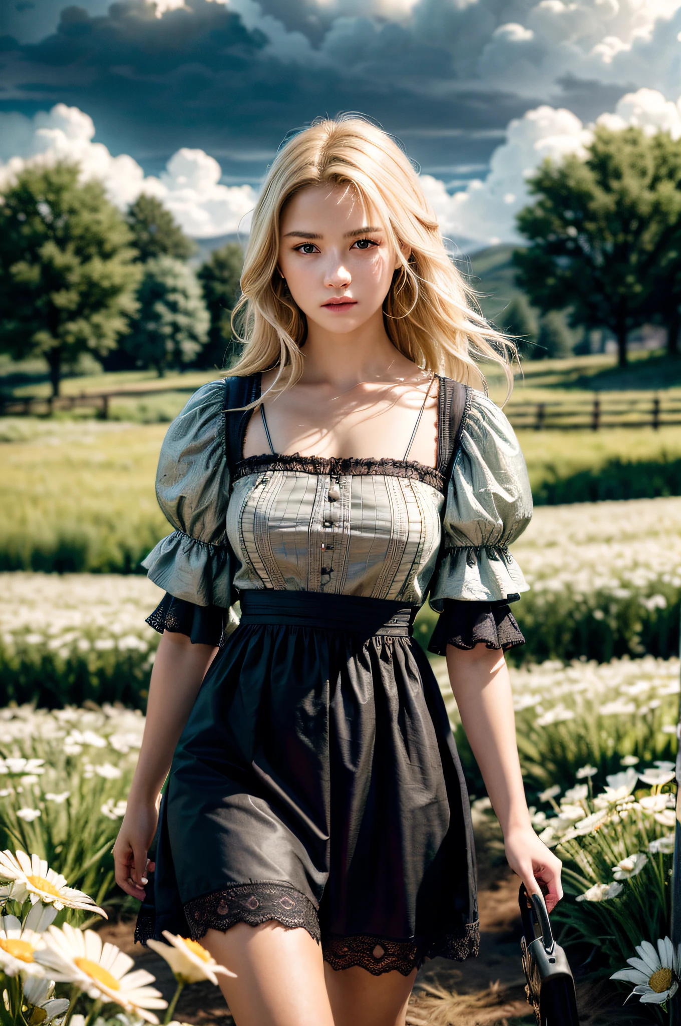 (realistic:1.3), finely detailed, quality, rembrandt lighting, (masterpiece:1.2), (photorealistic:1.2), (best quality), (detailed skin:1.3), (intricate details), dramatic, ray tracing, 1girl, american white girl, blonde hair, 21 years old, medium breasts, (Meadow, Sun, Clouds, Field, Farming, Starlight, Walking trail)