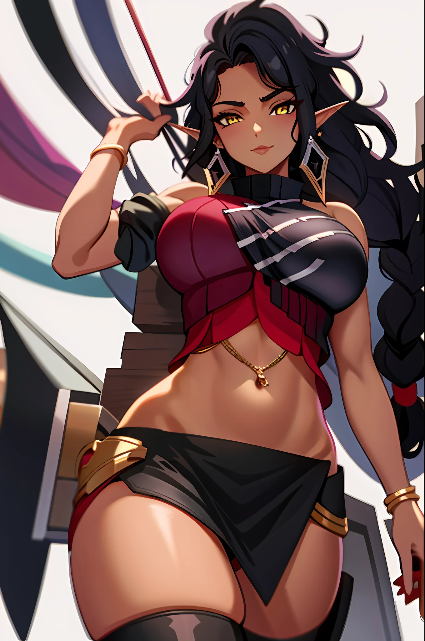 1girl, bare shoulders, black hair, black panties, dark-skinned woman, dark elf, dark skin, separate sleeves, earrings, elf, hair over one eye, jewelry, huge breasts, long hair, staring at the viewer, navel, olga discord, panties, lips apart, pointed ears, purple hair, revealing clothes, shiny skin, solo, thighs, underwear, very long hair, white background, yellow eyes, mature woman, fairy tail