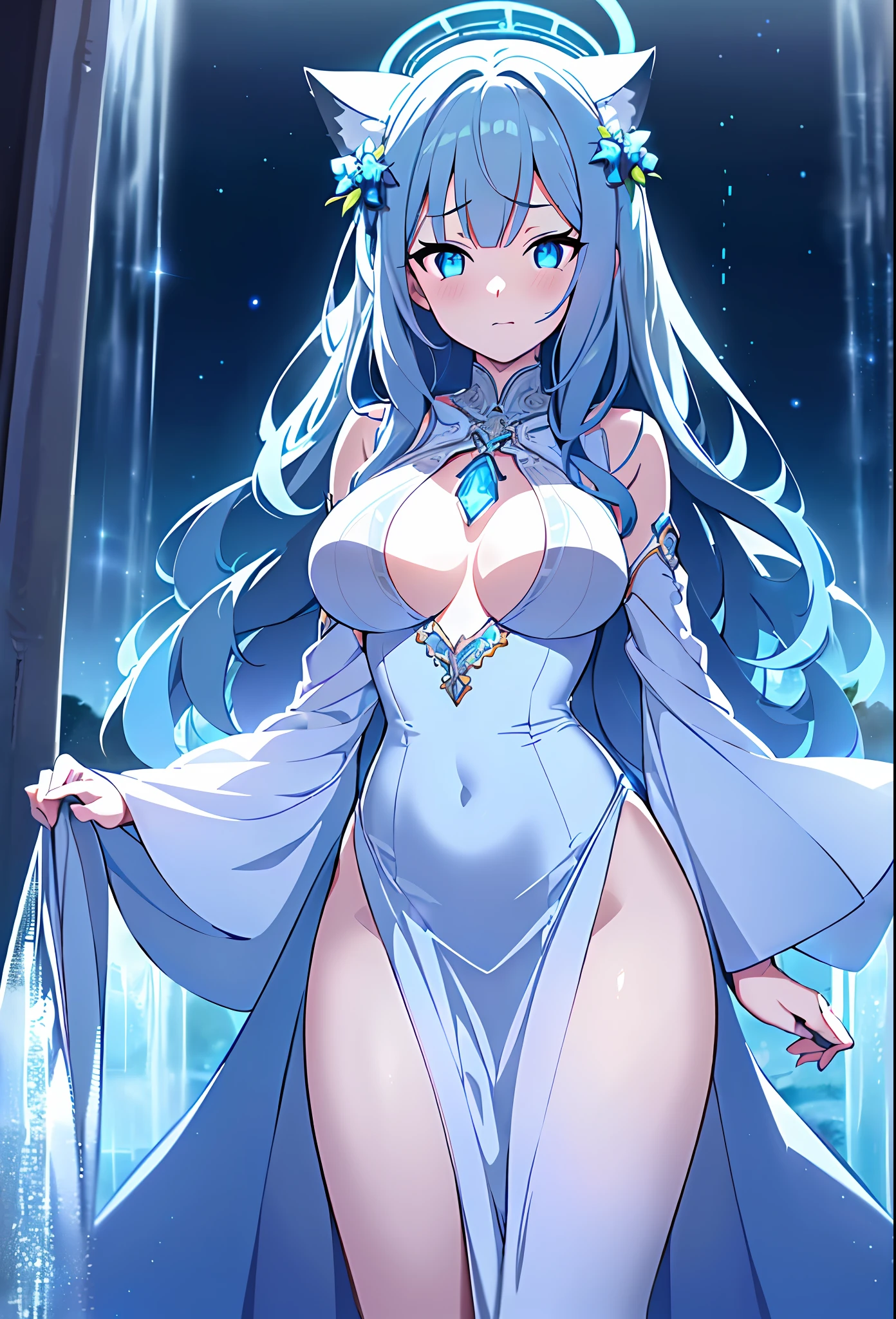 (sunaookami shiroko:1.2), {{{{masterpiece, extremely detailed, intricate details, soft focus, 8K, highres, depth of field, absurdres, high quality facial shadowing, dynamic shadowing, extreme shaders, cinematic lighting, perfect lighting, soft lighting, hazy lighting, blurry foreground, lens flare}}}}, best quality, asian qualities, {front view}, (solo:1.2), (beautiful young girl:1.3), high school girl, {{{extremely detailed girl, perfect anatomy, perfect body}}}, (detailed neon angel halo:1.4), bright blue double halo, (beautiful-detailed hair:1.3), dark silver hair, luscious curly hair, (hair splayed out:1.2), beautiful-detailed facial structure, detailed beautiful face:1.3, sexy face, cute face, slender facial structure, (detailed face:1.33), (beautiful-detailed eyes:0.7), big eyes, (detailed eyes:1.2), glowing bright blue eyes, cat eyes, silver cat ears, (detailed boobs:1.3), small size boobs, (detailed facial expression:1.1), shy, slightly open mouth, detailed red blush, shy hand gesture, (detailed hair ornament:1.3), (white angel side hair ornament:1.3), (detailed necklace:1.2), (glowing blue simple plain necklace:1.3), (wedding dress:1.3), (waterfall dress:1.3), beautiful-detailed pure white halter wedding dress, (high slit dress:1.3), winter night, (enhanced background:1.4), snow falling at midnight with clear skies overhead, snow on sidewalks with Christmas lights on tree's surrounded the viewer, (full body shot:1.1), hazy photo, (warm photo:1.3)
