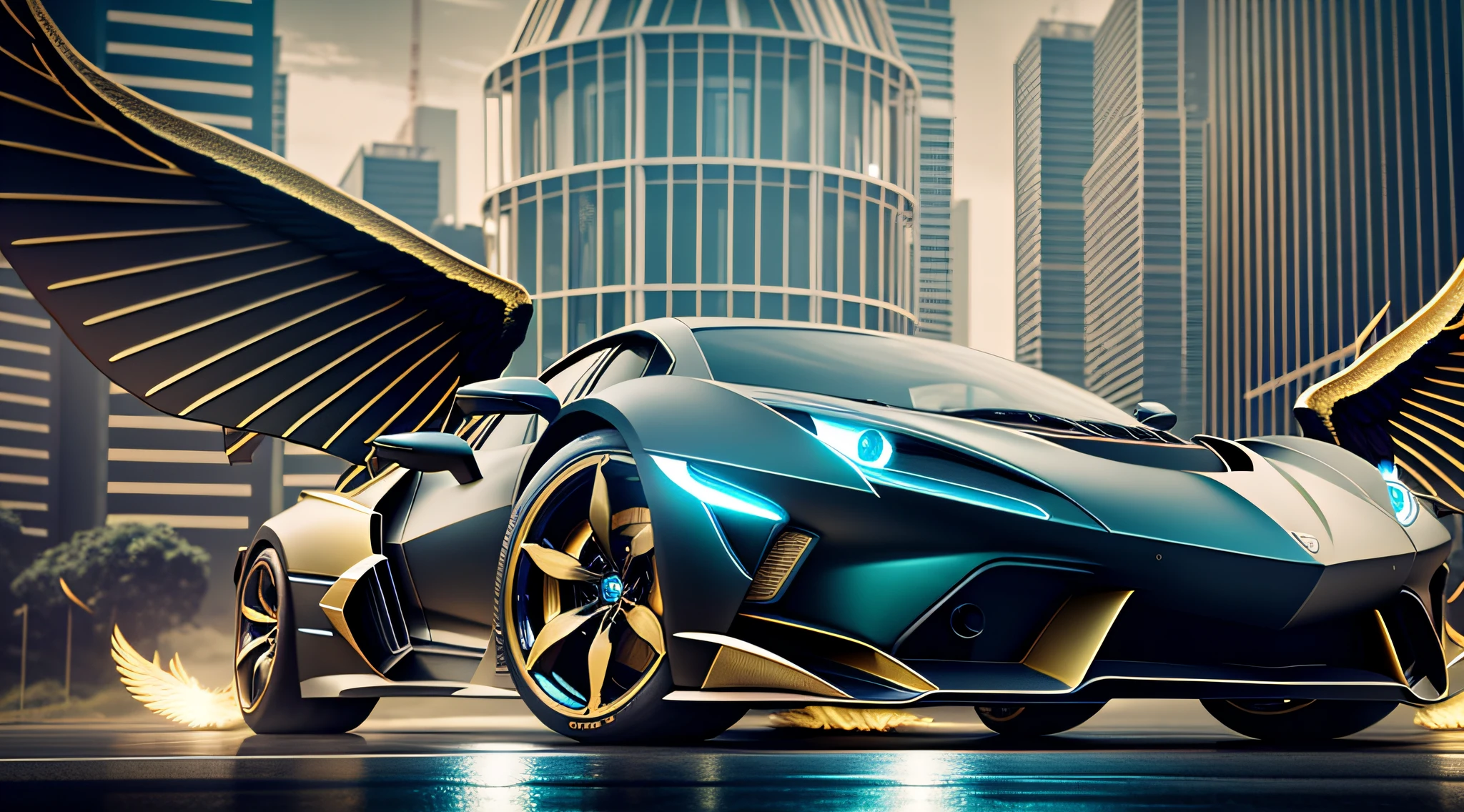steampunk style, cool tones, cinematic effects, motion photography, Fujifilm, long exposure, futuristic black and gold supercar, sports car flanked by metallic wings, wings are feather-like, wings have mood lights, tail erupting blue flames, ambient lights, surreal sci-fi city in the background, aesthetic, 8K, top painting, concept art, epic composition with HD details, metallic texture and tension composition, hyper-realistic, ultra-realistic, detailed, 3D,