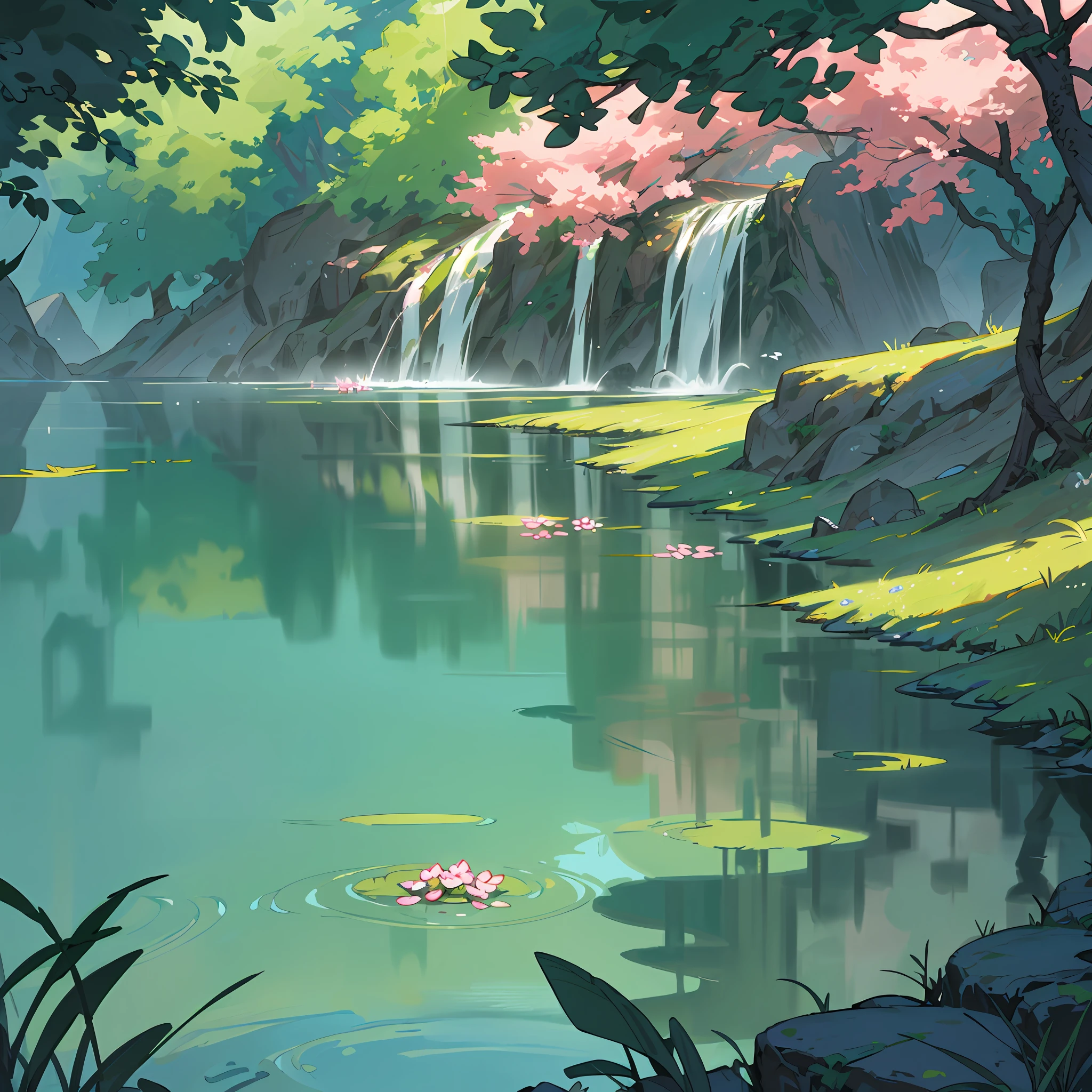 Chinese ancient times, spring, jungle, lake, cave, waterfall, tree, meadow, rock, deer, hot spring, water vapor, (illustration: 1.0), epic composition, realistic lighting, HD details, masterpiece, best quality, (very detailed CG unified 8k wallpaper)