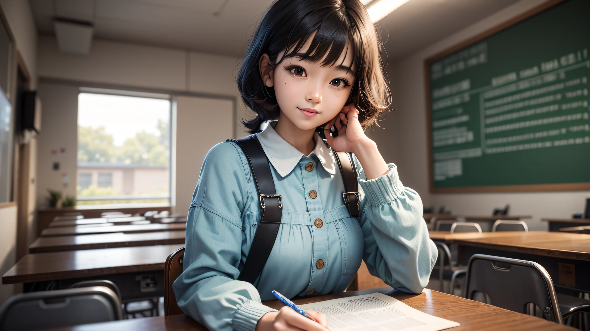 Smile, laughter, little girl sitting on a chair writing in a notebook on her desk, 12 year old korean girl, student, whole subject shown in photo, young and cute girl, in classroom, portrait of middle school girl, young and lovely korean face, teenage girl studying, child, beginner, sitting in classroom, young lovely korean face, cute young woman, portrait of korean female idol, just change face, ultra real detail, RAW photo, top quality,  (Realism: 1.2), hand finger length ultra detail, DSLR, background super high resolution quality, finger super high definition, 5 fingers, A-cup full body photo, Fujifilm XT3, full body shot, professional color rating, physics-based rendering, high resolution, front, f 2.4, 35mm, concept art, overhead angle of Will-o'-the-wisp, funny Somali emerald deep black pinafore, hair styled with short hair, Appearance 360, Highless, [(Art by Willie Baumeister:1.1),  (Art by John T. Biggers:1.2)::17], Official Art, Unity 8K Wallpapers, Ultra Details, Aesthetics, Masterpieces, Best Quality, Realistic