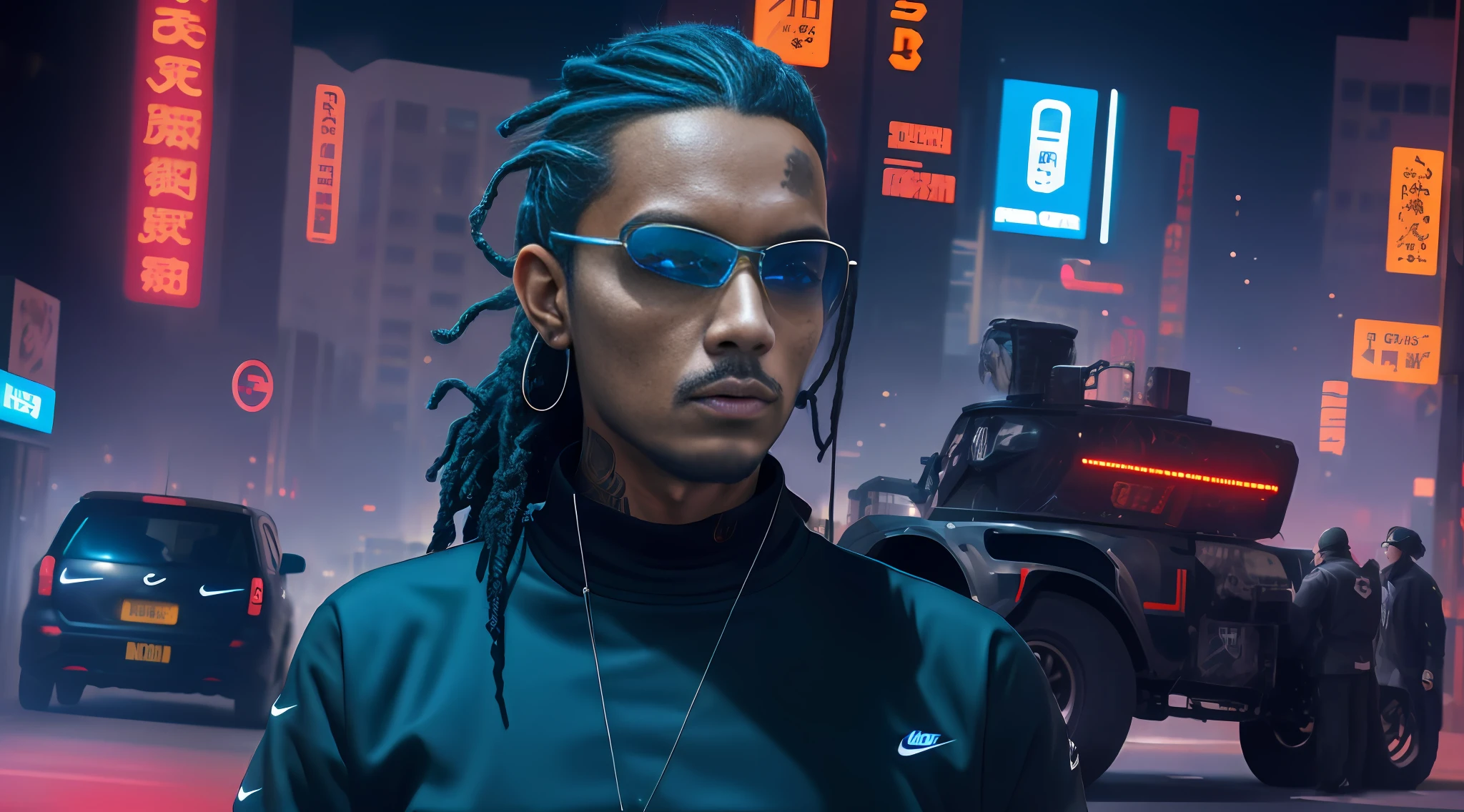 Jedai V3 with dreadlocks and sunglasses standing on the street, hyper-realistic cyberpunk style, cyberpunk style, hyper-realistic, cyberpunk style, ultra-realistic cyberpunk art 8k, cyberpunk lut, cyberpunk glasses, cyberpunk streetwear, portrait shot 8 k, anton fadeev 8 k, wearing cyberpunk streetwear, has cyberpunk style, cyberpunk sunglasses