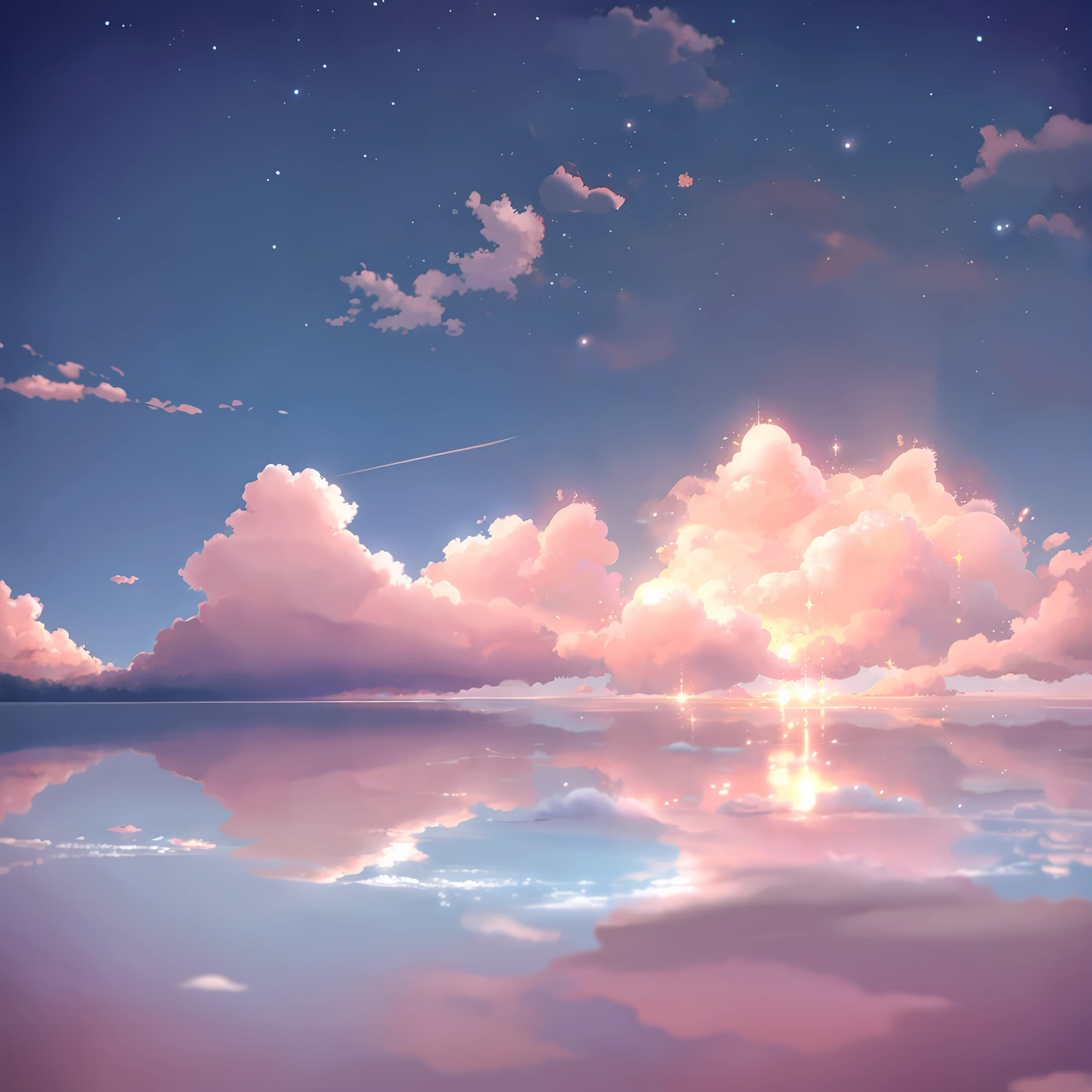 anime clouds and stars reflected in the water, fluffy pink anime clouds, anime clouds, glowing clouds, light pink clouds, dreamy clouds, fantasy puffy sky, aesthetic clouds in the sky, pink clouds, beautifull puffy clouds. anime, anime sky, pink clouds in the sky, fluffy pastel clouds, pink clouds background, anime background, dreamy sky, pink cloud background