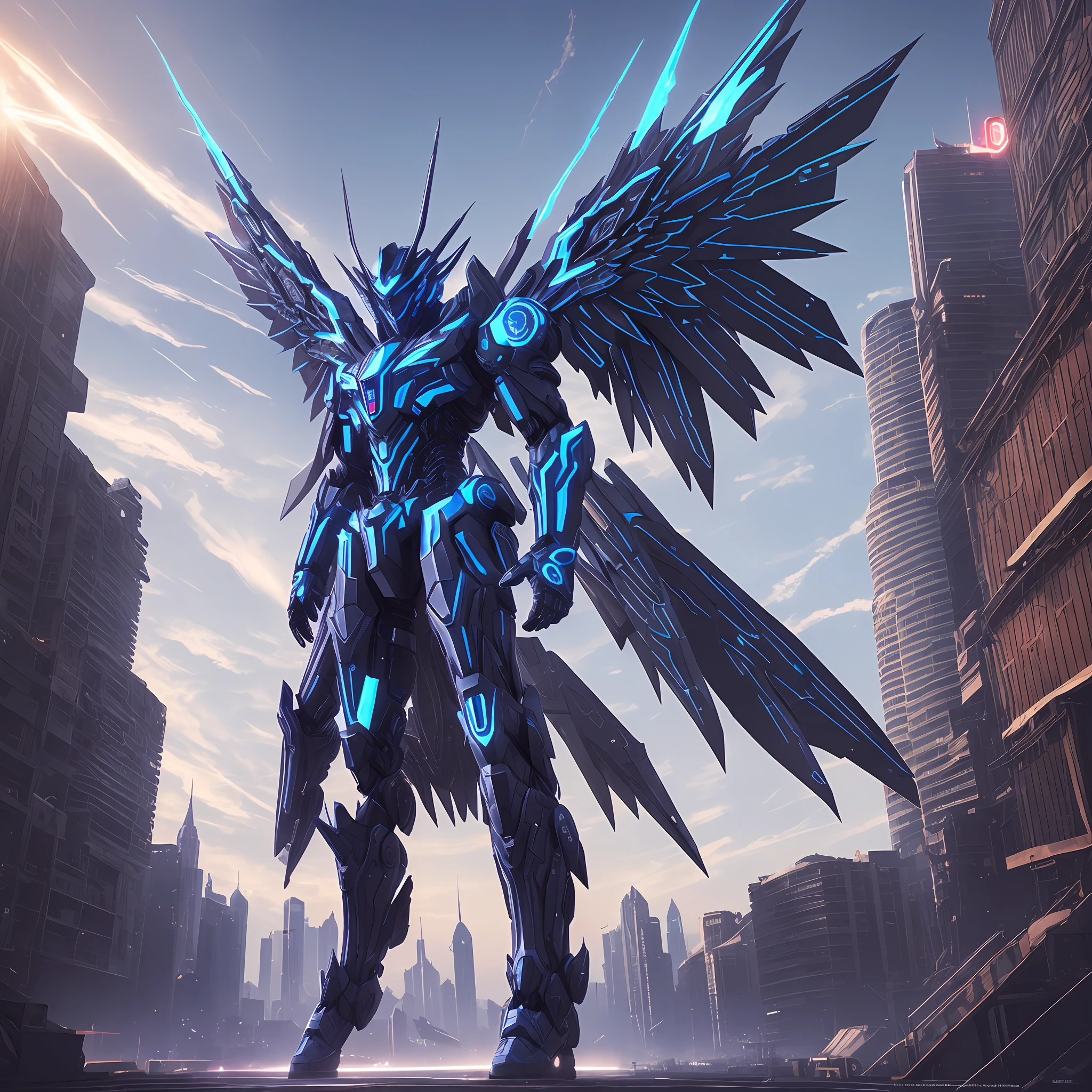 Full body, highly maneuverable six-winged angel blue mech, blue eyes, dragon horn, Verism, chiaroscuro, cinematic lighting, backlight, scan line, speed line, UHD, best quality, cyberpunk-style red mech --auto --s2