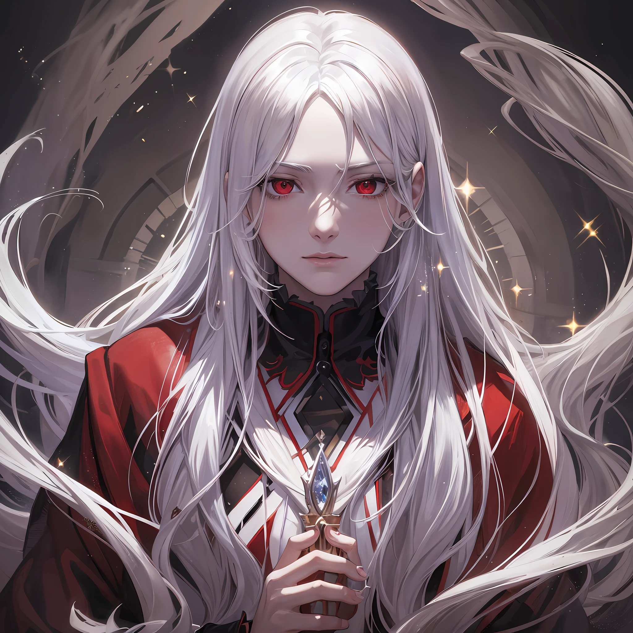 (best quality), (best masterpiece), (best artist), (best illustration), (best lighting), (best anime), a beautiful man, long white hair, (bright incandescent sparkling eyes:1.2) of the color red, wearing ancient plebeian robes, dark background setting like a horror movie, gothic, dark.
