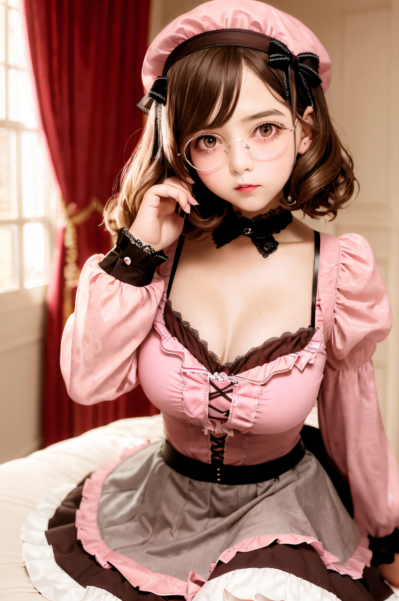 18-year-old female Lolita fashion, pink fabric, lolita fashion, overly glamorous, bulging skirt, girlish orientation, breast size D cup, Boston-style glasses, brown hair, bob hair, castle guest room