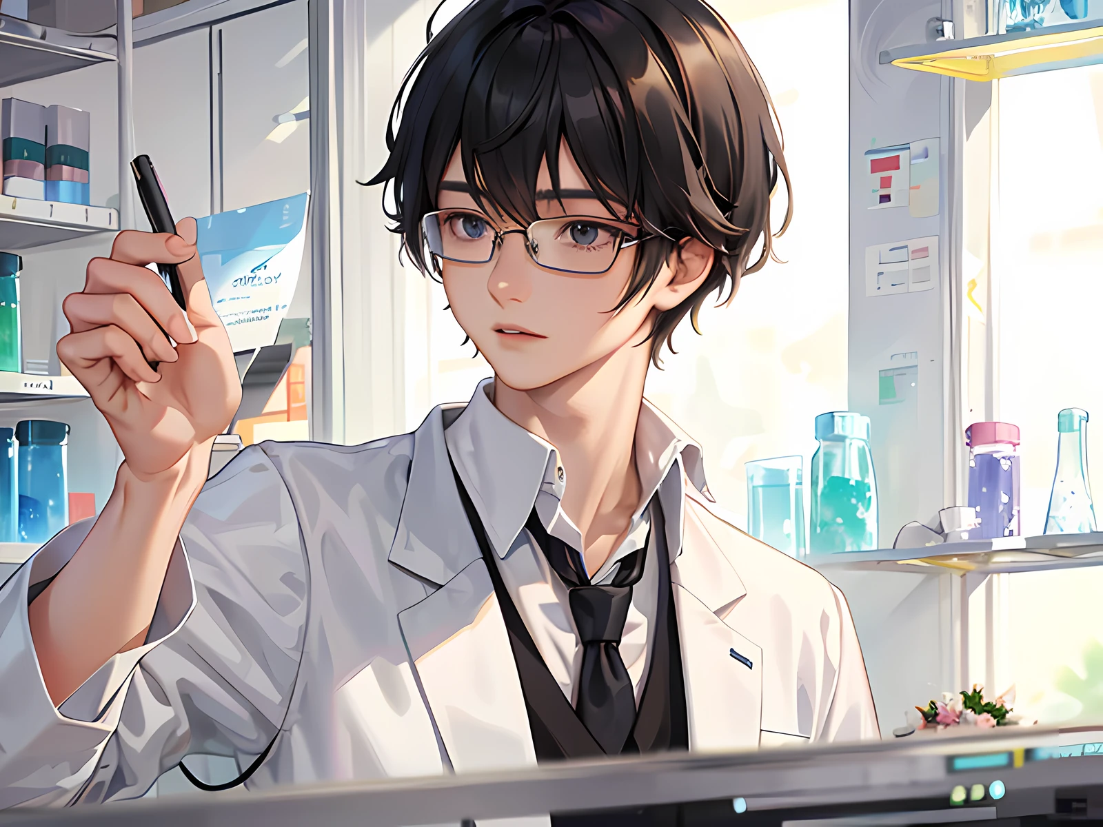 Anime characters in lab coats holding a small device, wearing lab coats, (doctor), doctor, wearing lab coats and shirts, anime handsome man, inspired by Bian Shoumin, male anime characters, guys in lab coats, wearing lab coats and glasses, handsome anime poses