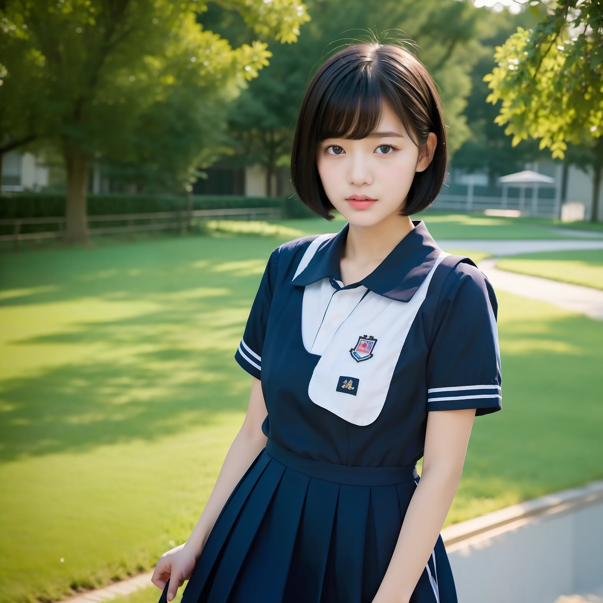 ((Best Quality)), ((Masterpiece)), Cute schoolgirl, short cut, black hair, looking at the camera, clothes are school summer clothes, season is summer, school, dusk, youth, portrait of only one person