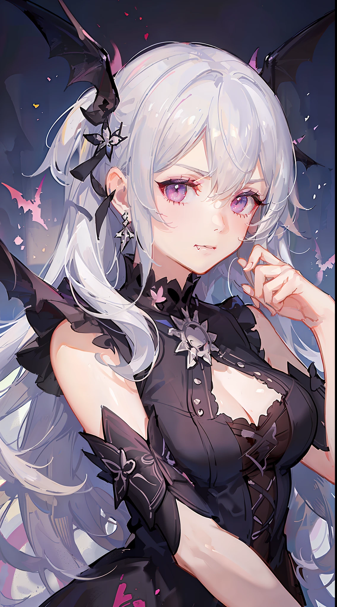 Adult girl, long white hair, high ponytail, pink eyes, bat wings, black rich dress, anger, masterpiece, high quality