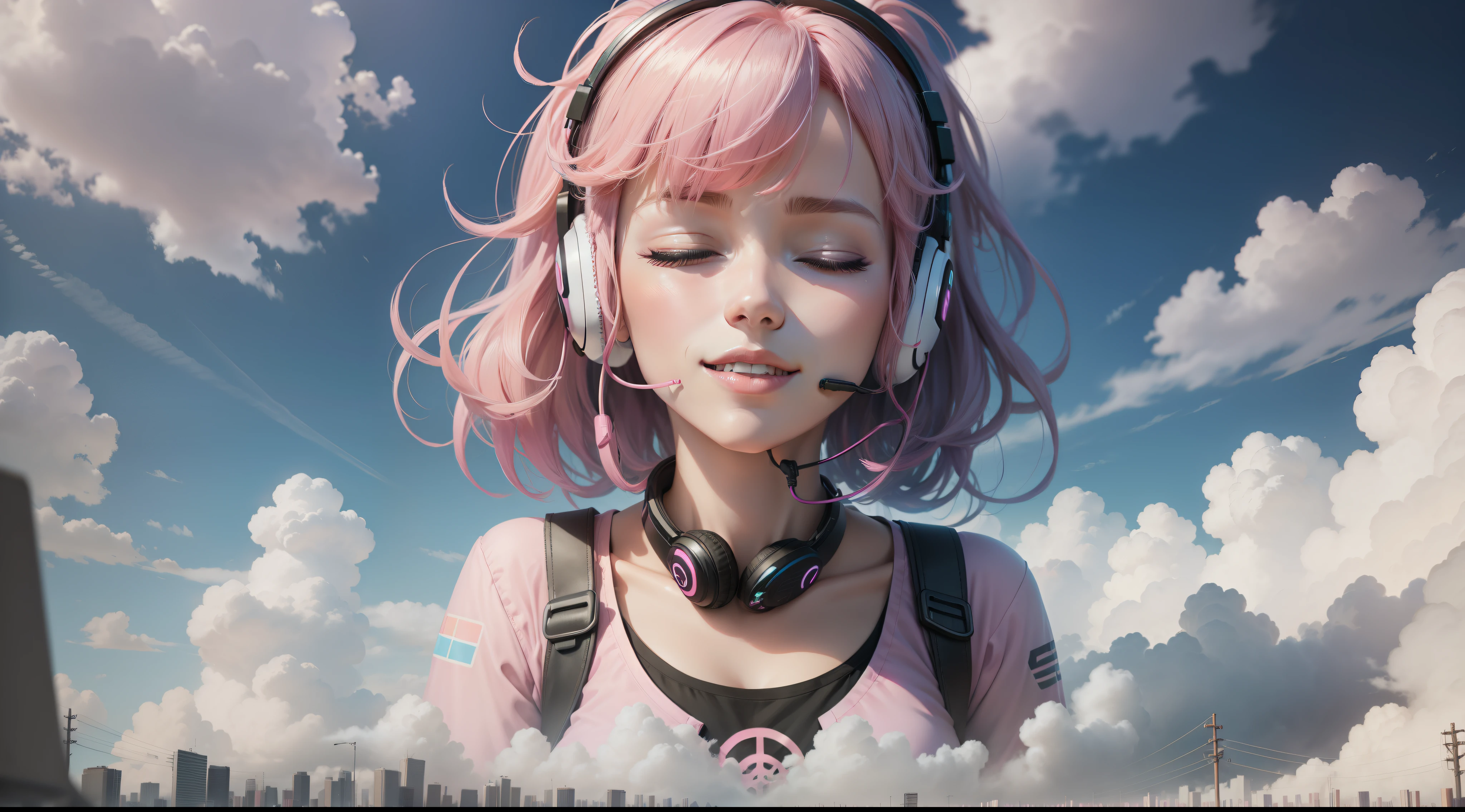 Woman with peace sense headset, closed eyes, beautiful face, RGB colors, anime pink hair, banner for youtube video, happy girl, clouds with RGB colors., bright RGB colors.