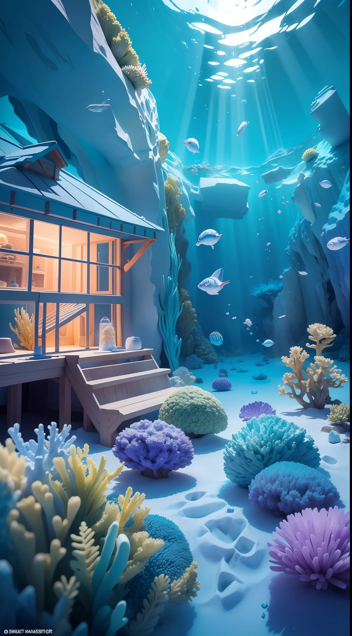 (Masterpiece: 1.5), (Best Quality: 1.5), High resolution, High Detail, 3DMM, Ice Cooling, Antarctic Underwater World, SpongeBob SquarePants, Underwater House, Sunny and vivid lighting, atmospheric depth, superb technique, harmonious composition, creative improvements, striking juxtaposition, evocative tones, captivating colors, dramatic lighting