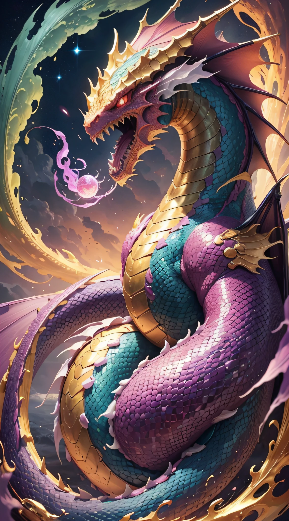 Dragon God, Magnificent, Sky with Clouds, Glittering, Dragon, Dragon without hands, arms or legs, Spirit beast with long body like a snake, Guardian God with spiritual power, Water God and Snake God, Supple and Wriggling Dragon, No Arms, No Legs, Dragon Color Is Yellow or Gold, Likely to Have Good Luck, Warm Color, Warm, Red, No Blue, Only Warm Colors, Change Dragon Color to Pink, Eliminate Blue, Cherry Blossom Sky