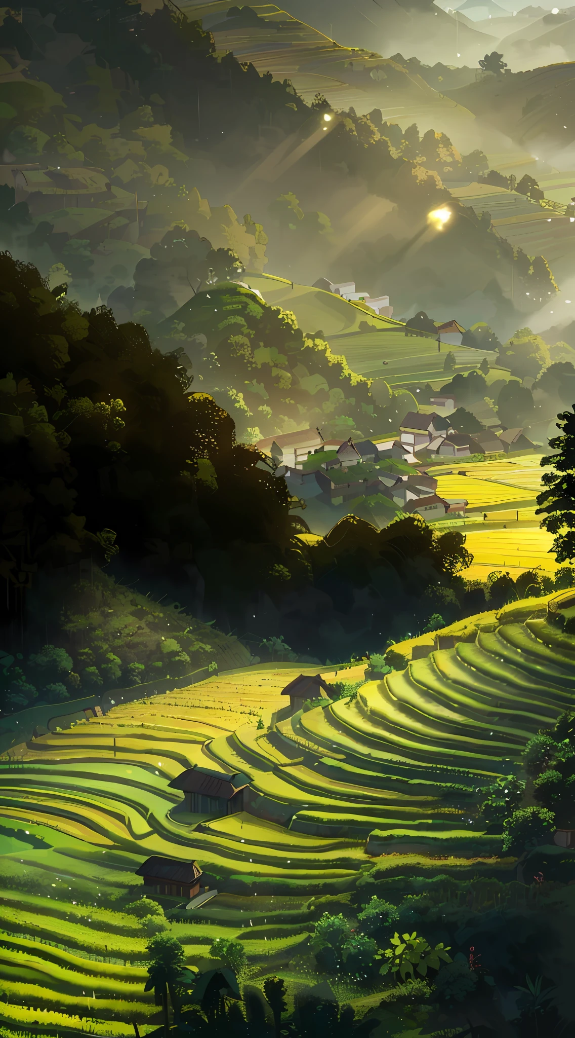 Large expanses of terraced fields, mountains, huts, with rice fields, rice fields, neat rice seedlings in the fields, misty rain, villages, agriculture, in the tranquil landscape, misty weather, in the vast tranquil landscape, in the early morning, in the morning mist, behind a small village, mist, Japanese countryside, thatched roofs --v 6