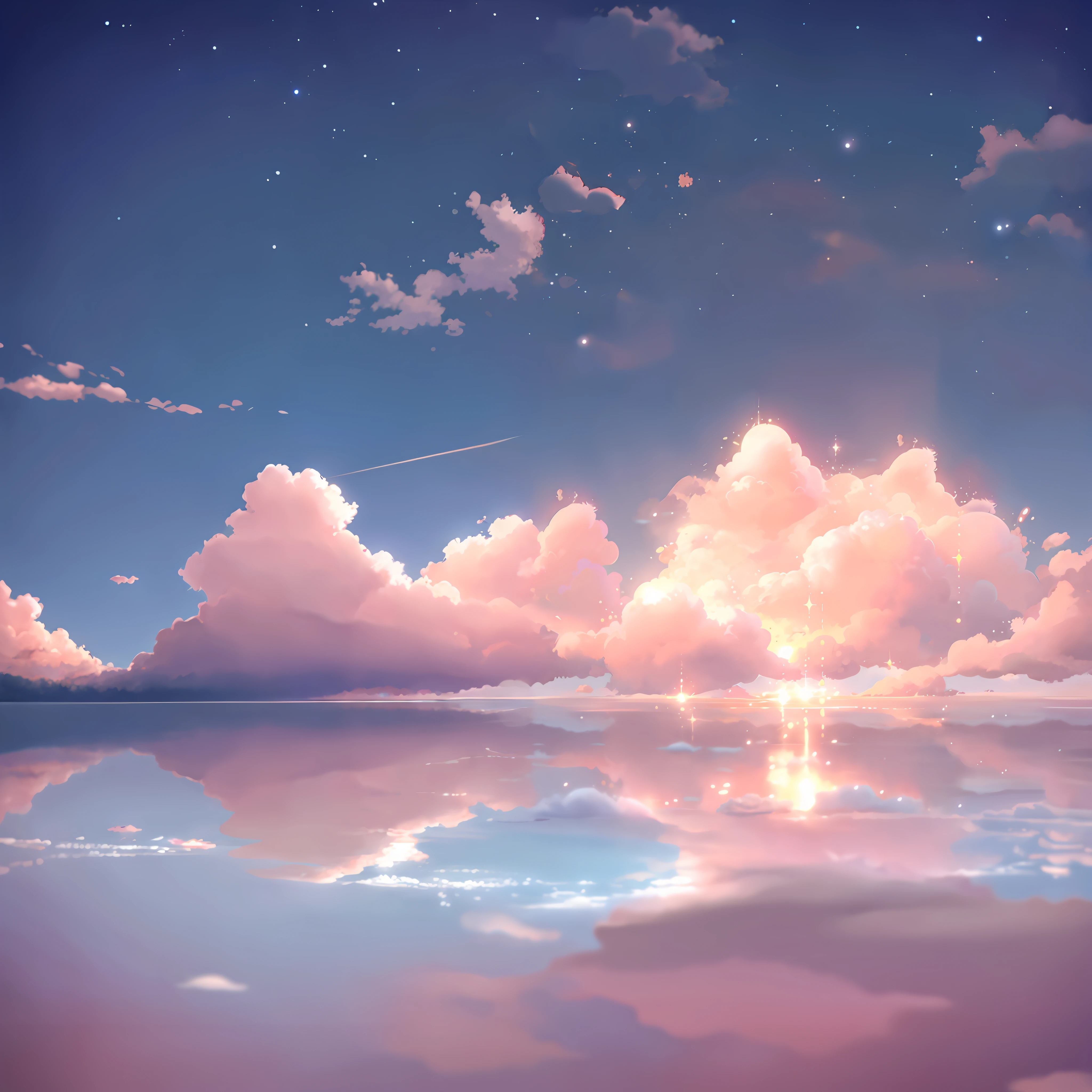 anime clouds and stars reflected in the water, fluffy pink anime clouds, anime clouds, glowing clouds, light pink clouds, dreamy clouds, fantasy puffy sky, aesthetic clouds in the sky, pink clouds, beautifull puffy clouds. anime, anime sky, pink clouds in the sky, fluffy pastel clouds, pink clouds background, anime background, dreamy sky, pink cloud background