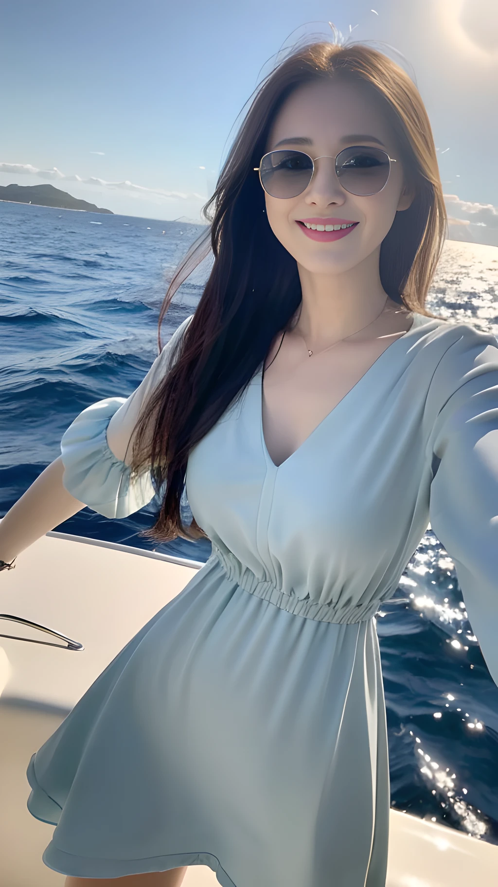 ((Best Quality, 8K, Masterpiece: 1.3)), , Focus: 1.2, Perfect Body Beauty: 1.4, Buttocks: 1.2, (Layered Haircut: 1.2)), (Dark Street: 1.3), Highly detailed face and skin texture, Full body, Fine eyes, Double eyelids, Whitened skin, Long hair, (Round face: 1.5), (V-neck dress style: 1.6). Smiling Standing on a yacht in the sea looking at the sea Wearing sunglasses,
