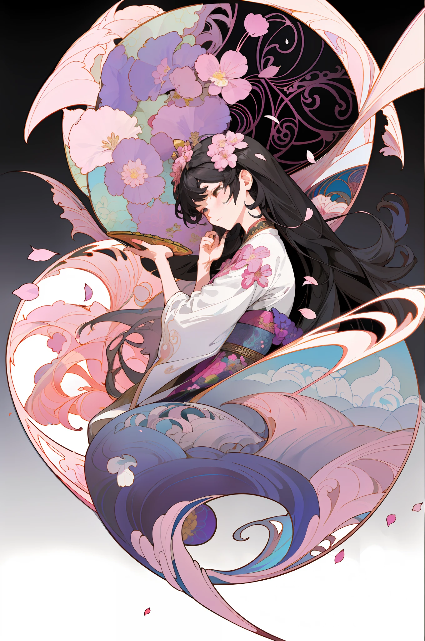 (1 Kushinadahime, Solo, Full Body, Calm Woman, Long Hair, Beautiful, Black Hair, Eyes Closed, Resting a Luxurious Comb on the Head), Very Detailed, (Abstract Background, Zentangle, Fractal Art: 1.3), (Pastel, Colorful: 1.1), (Petals, Flowers: 1.3), Anime Art Nouveau, Flat Cell Shading Mucha, Mucha Style,