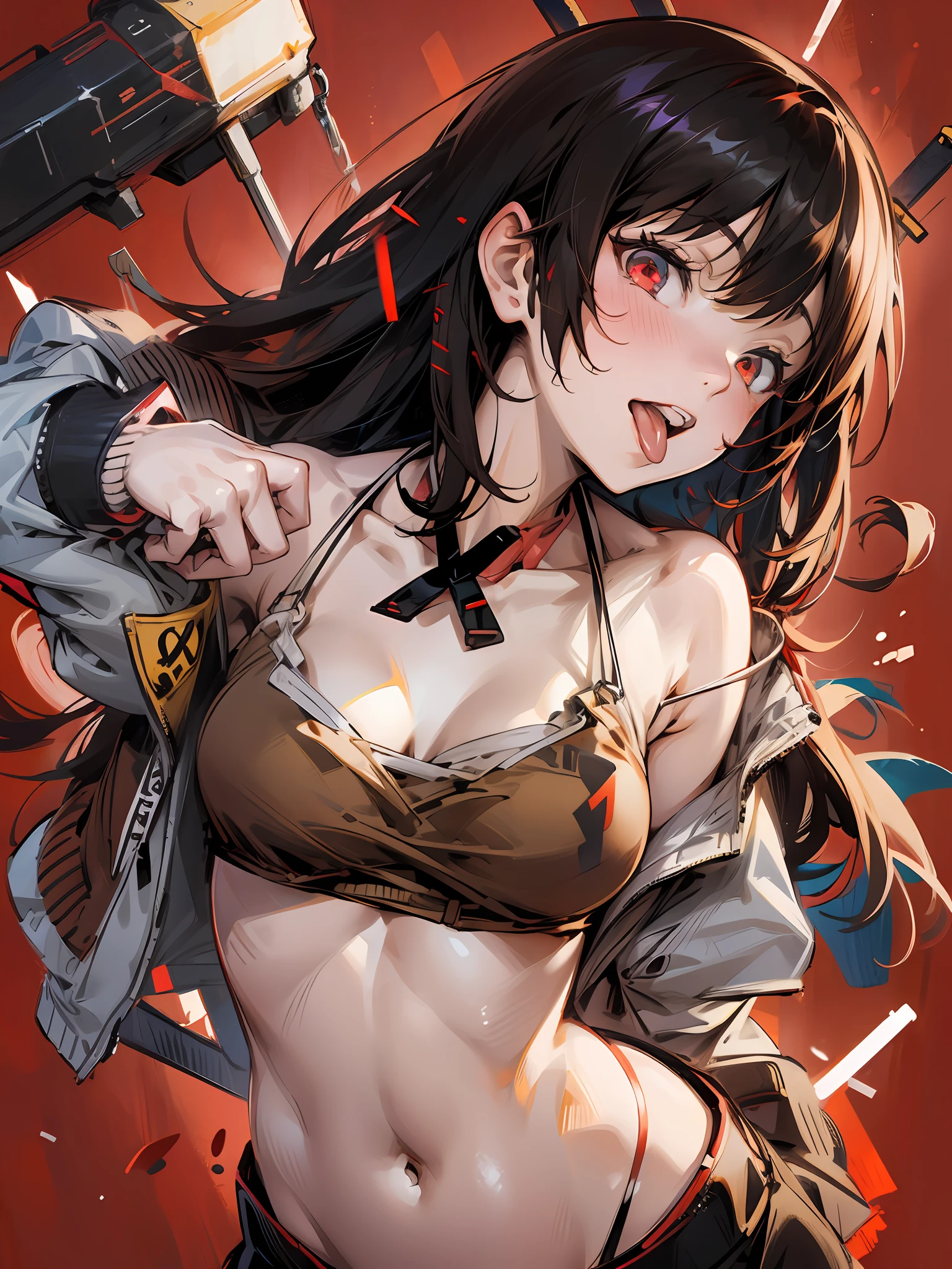 (((1girl))), hands up, brown long hair, tank-top, jacket, open shoulder, cowboy shot, bikini, medium breast, red background, open mouth, stick out her tongue out at viewers, red eyes, flushed, yumeko jabami