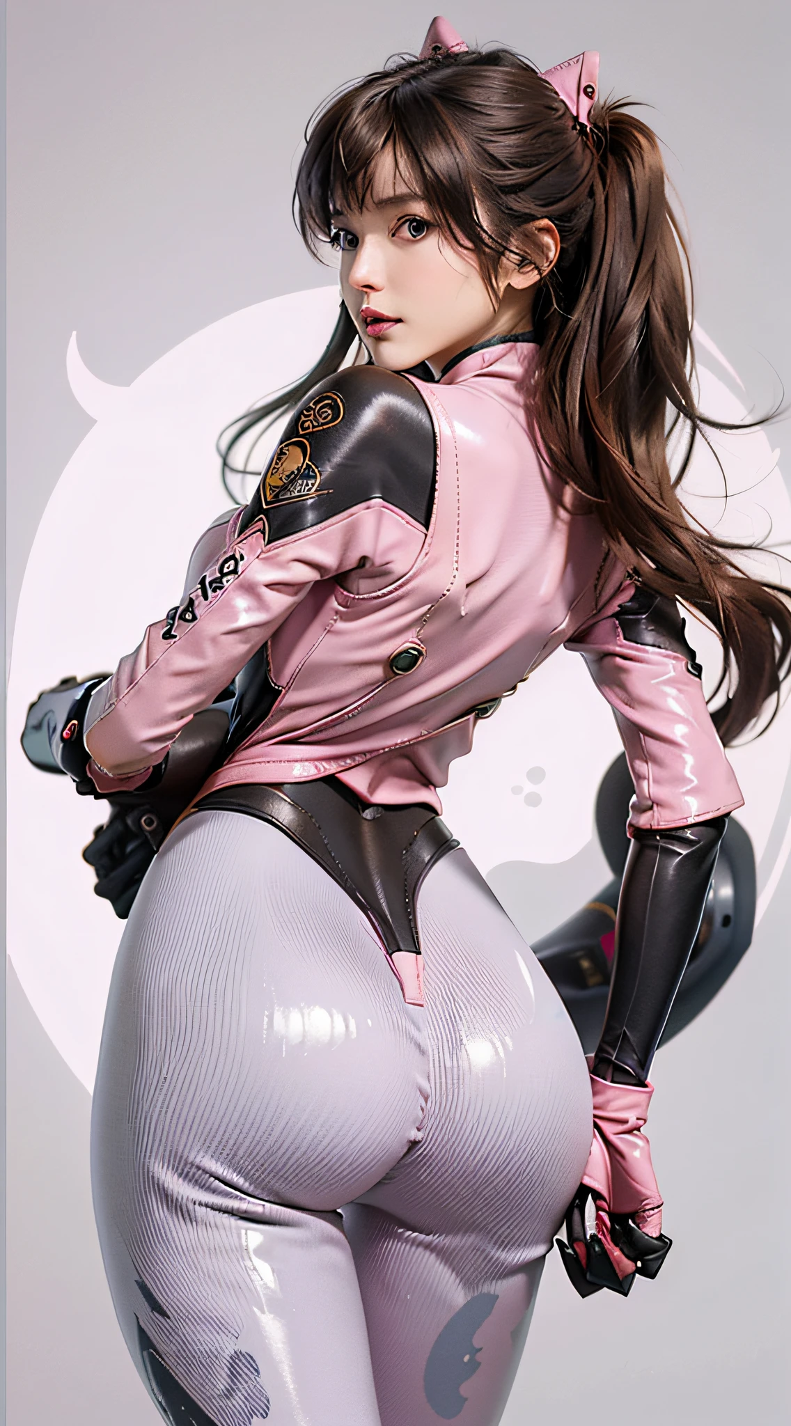 ((Reality)) photo, masterpiece, highest quality, 1 girl, slender waist, straight breasts, big breasts, extremely delicate beautiful girl, dynamic pose, (turn back), (sideways), (look back), (hips facing the lens)))))), (to8 contrast style), d.va (Overwatch), solo, long hair, beard markings, ((tights)), brown hair, face markings, gloves, brown eyes, pilot suit, headphones, white gloves, ((((((hips))))), (especially plump buttocks), wide leg bones, sweeping bangs, skinny, animal print, bangs, rabbit print, ((pink ribbed leather bodysuit)), topcoat, pink lips, (gray background: 1.2), simple background, (kbxll: 0.6)