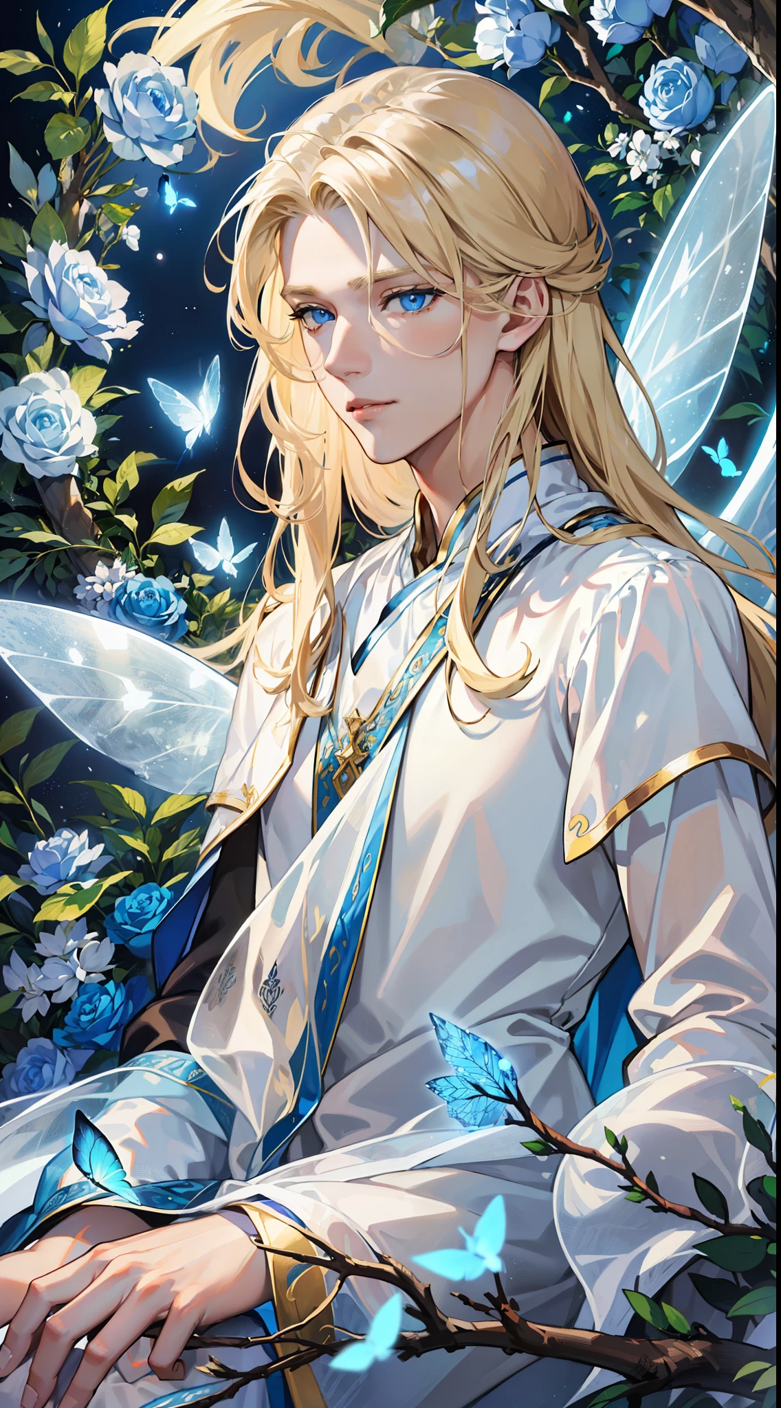 ((Superior quality, portraits, masterpieces, 8K wallpapers: 1.3)), man with long straight ash blond hair (((LONG BLOND HAIR))), blue eyes like diamonds (((BLUE EYES))), (((MALE FOCUS))) (((Fairy white wings on his back))) (((CHEERFUL LOOK))) sitting on a branch of a moeto tree, bioluminescent blue butterflies, dark hour, perfect shadows and reflections of the moon on the scene. white tunic, translucent, covered, clear clothing of God, CLOTHING COVERING HIS SKIN, TULLE TUNIC